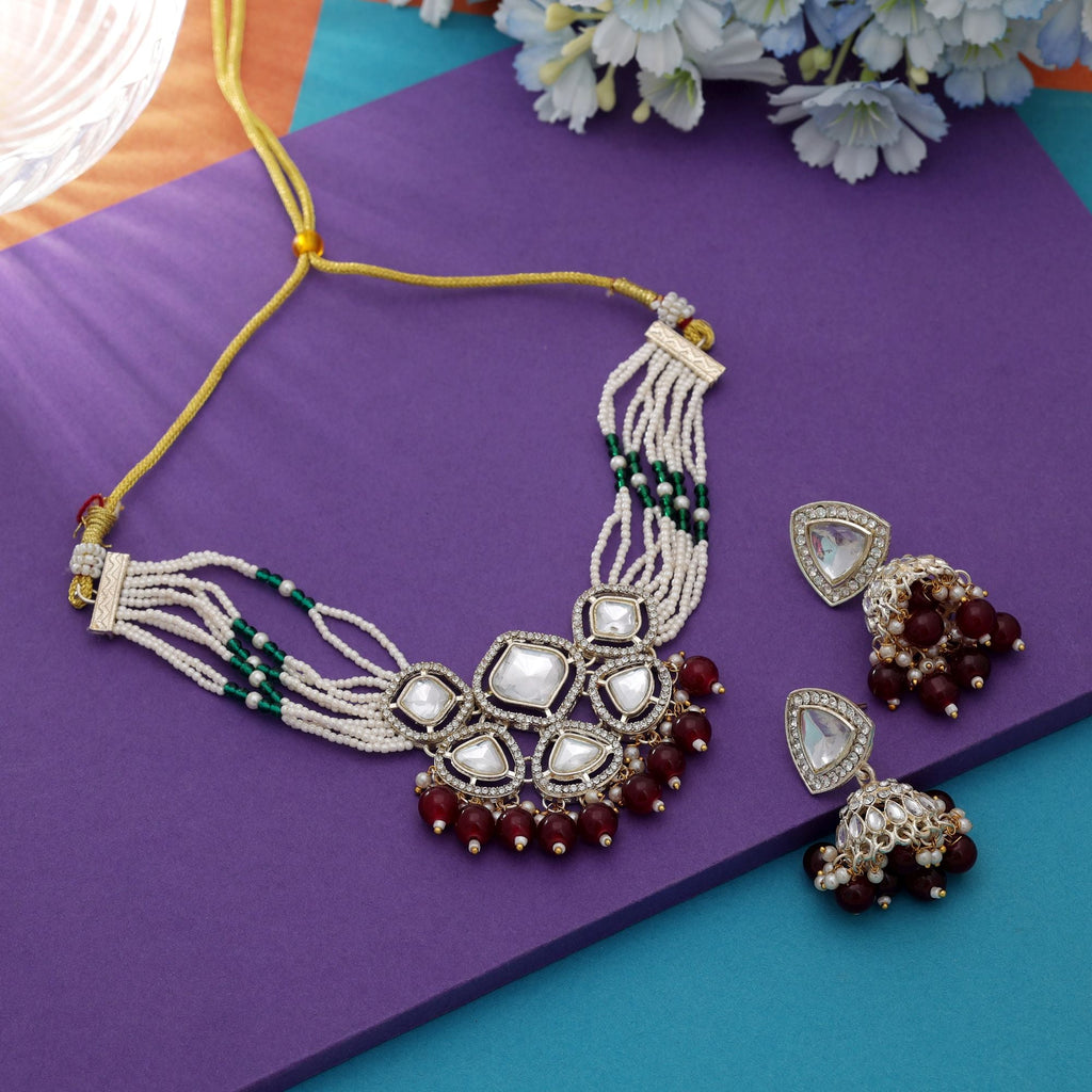 Maroon Color Bridal Choker Kundan Necklace Set