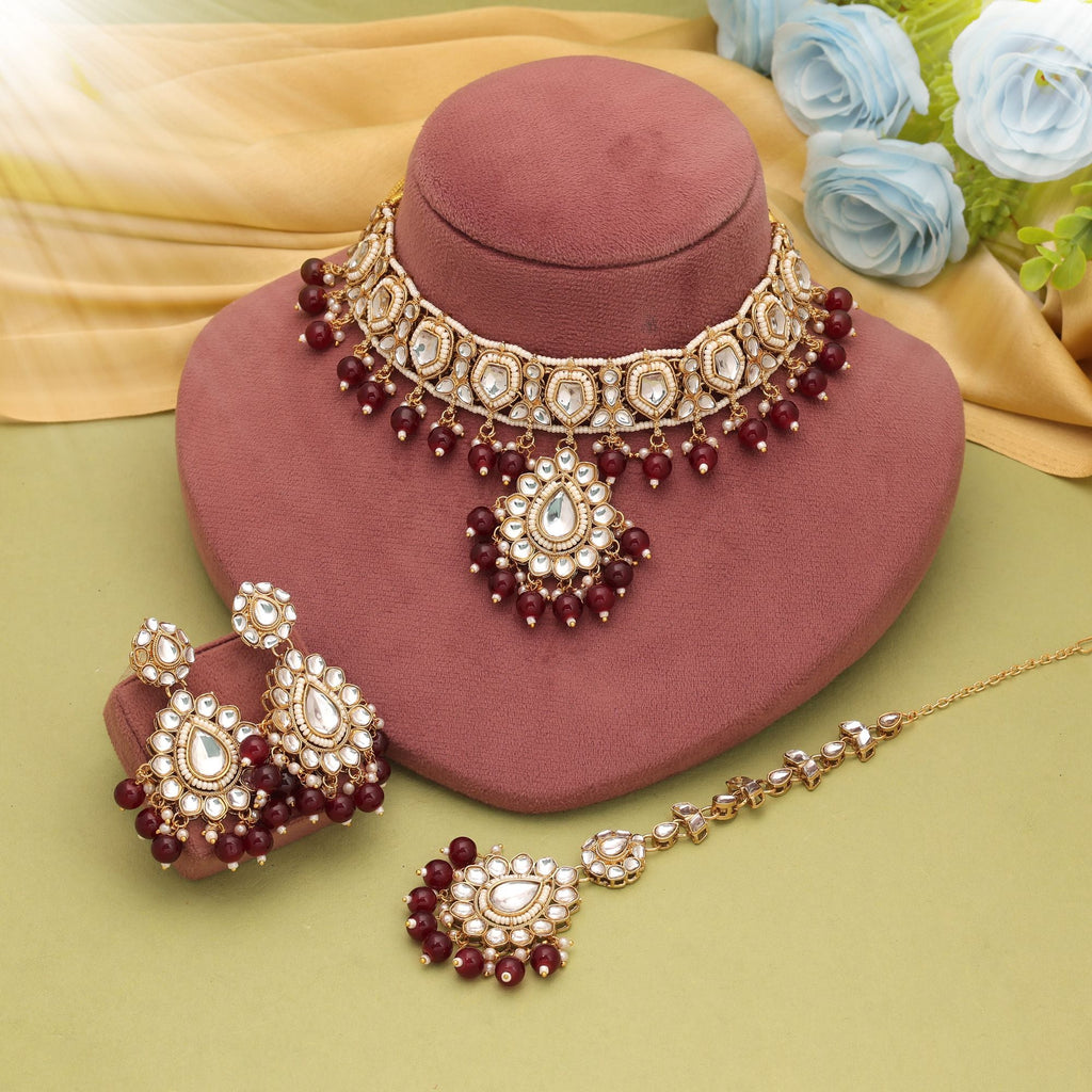 Maroon Color Traditional Kundan Necklace Set