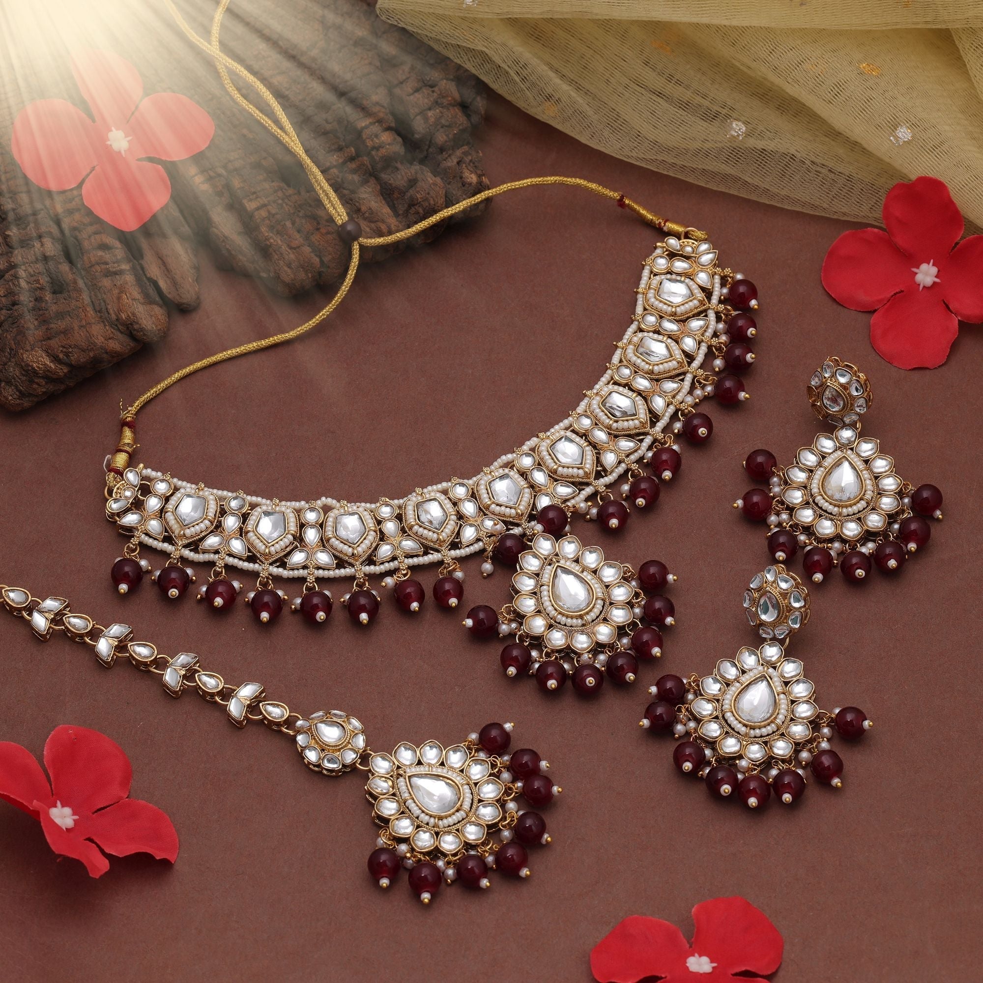 Maroon Color Traditional Kundan Necklace Set