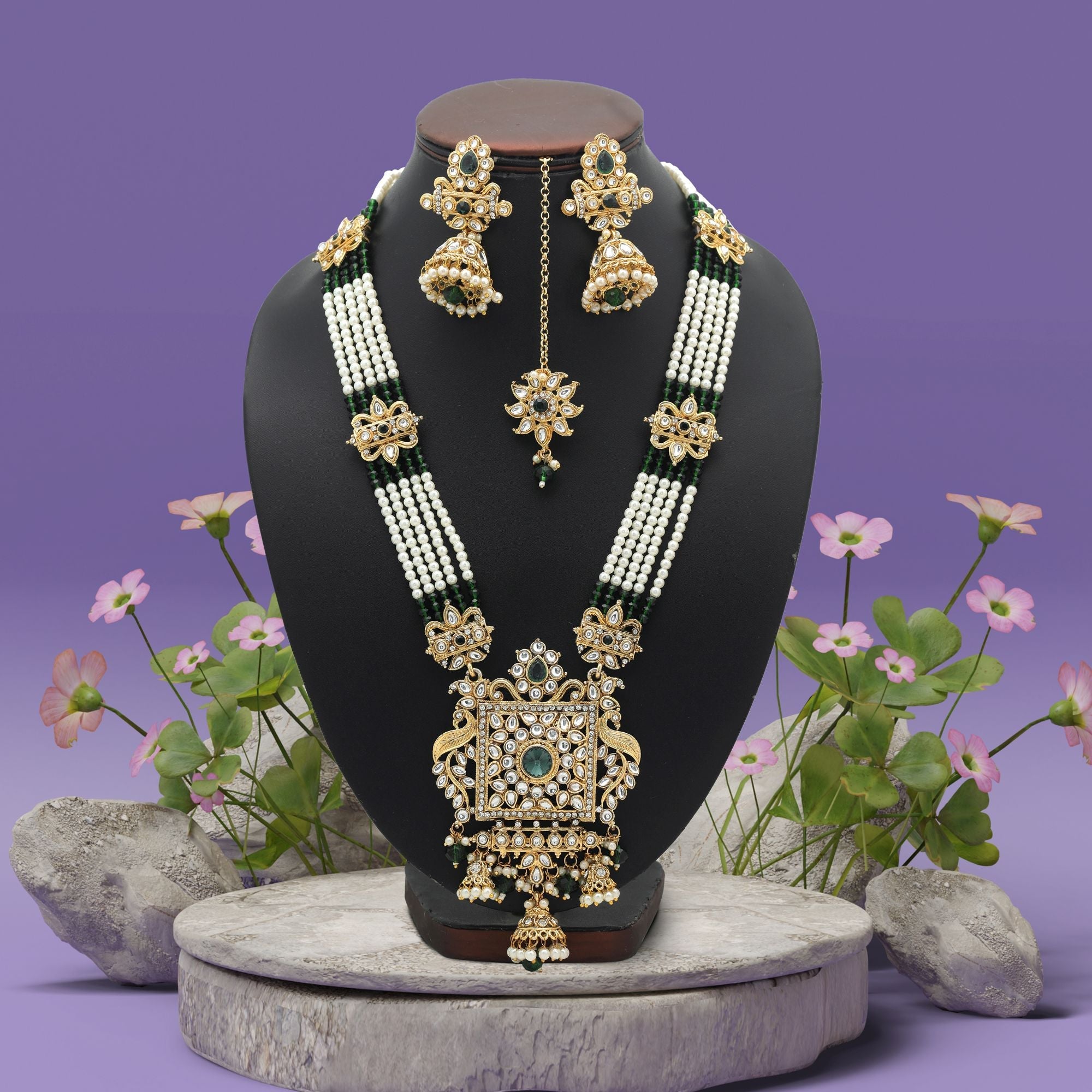 Green Color Long Kundan Necklace Set