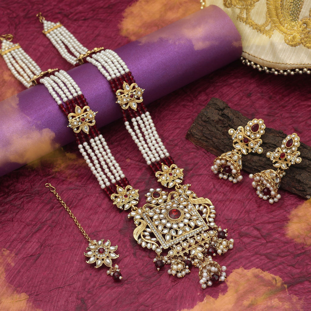 Maroon Color Long Kundan Necklace Set