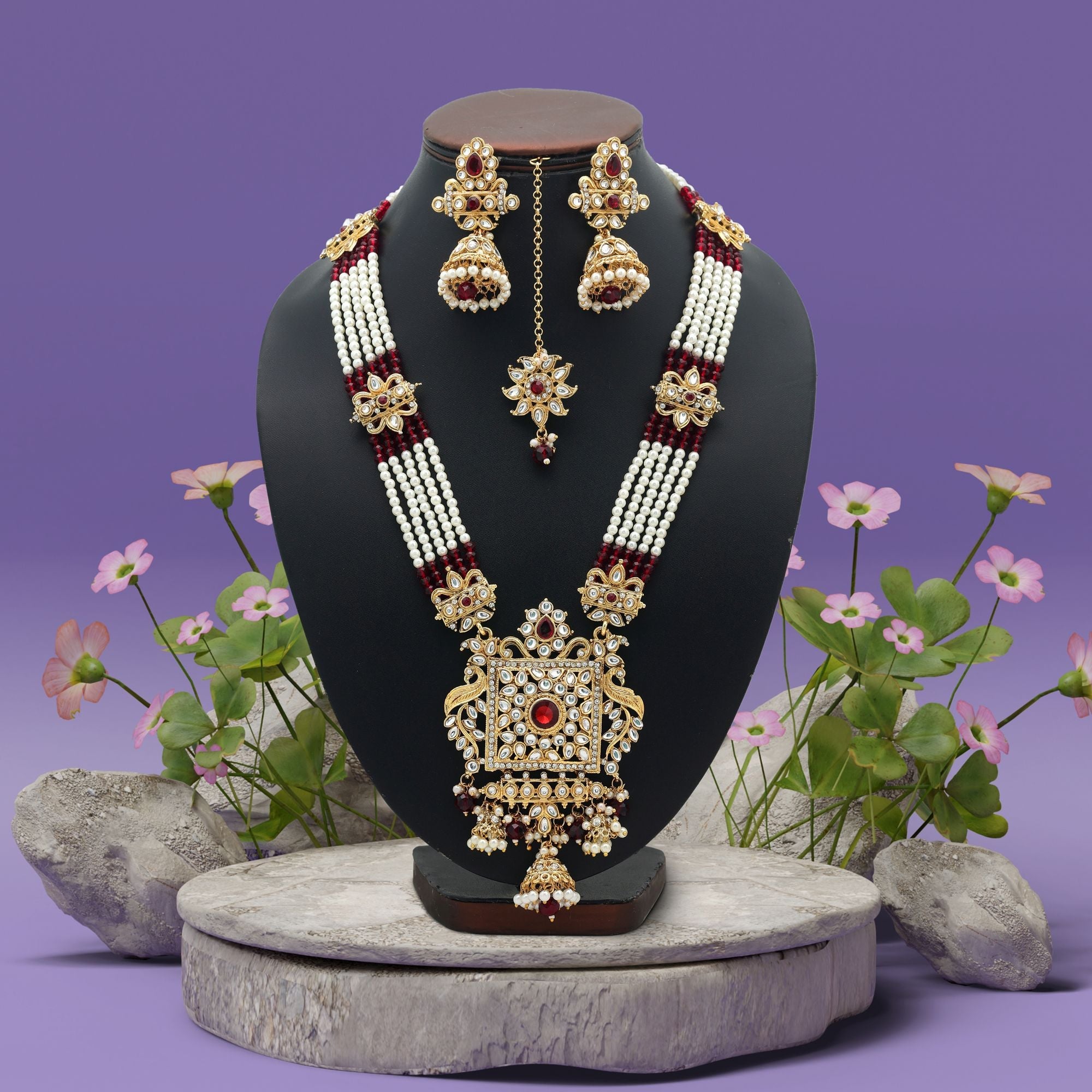 Maroon Color Long Kundan Necklace Set