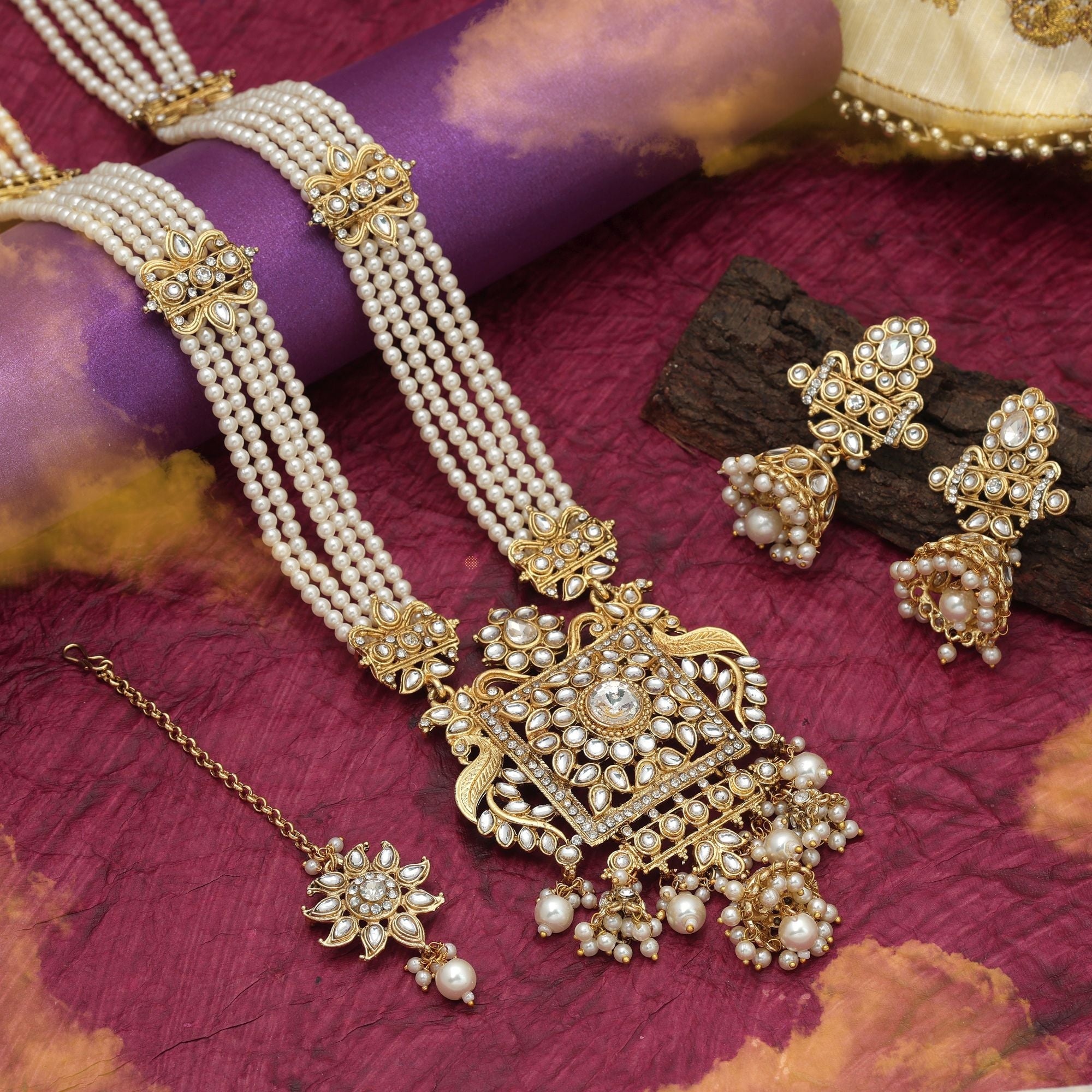 White Color Long Kundan Necklace Set
