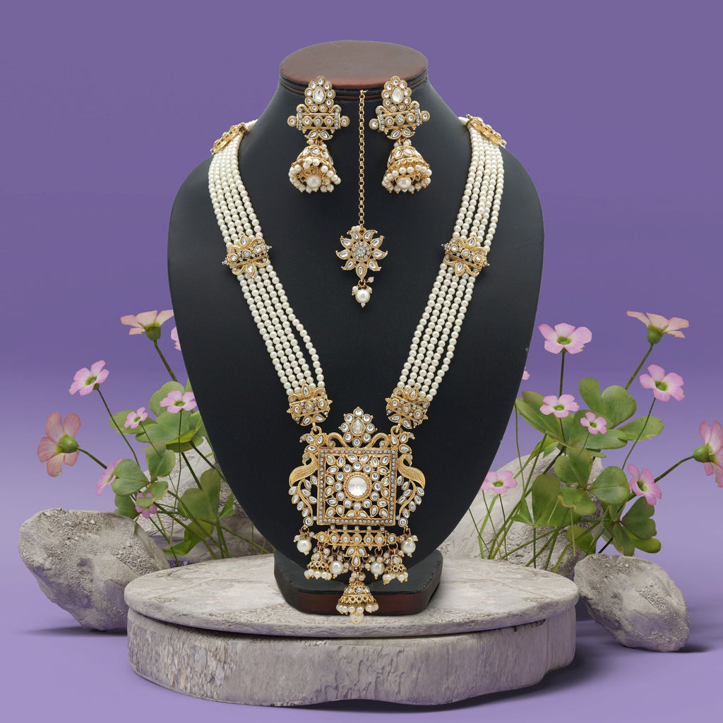 White Color Long Kundan Necklace Set