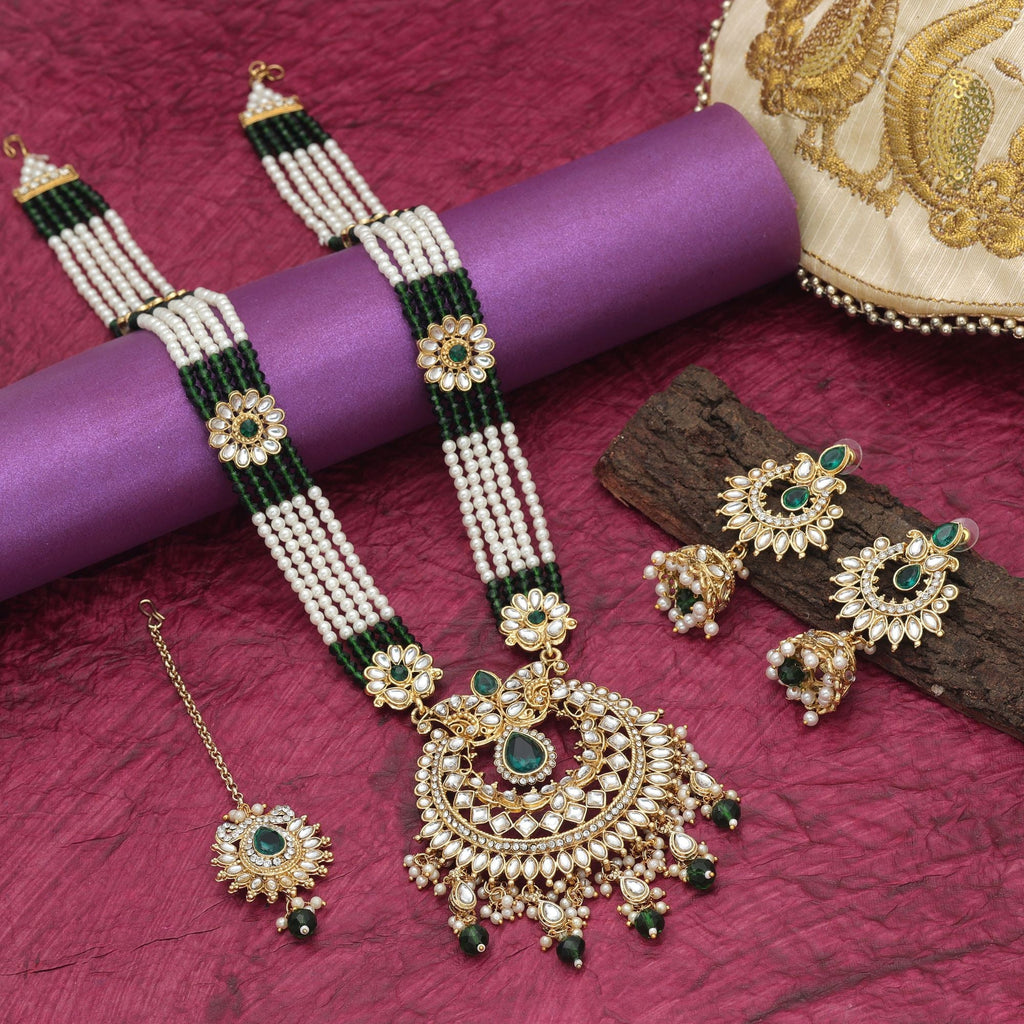 Green Color Traditional Long Kundan Necklace Set