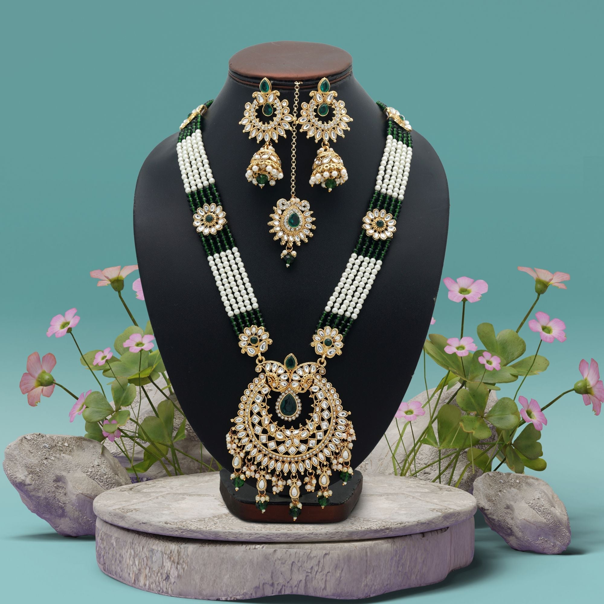 Green Color Traditional Long Kundan Necklace Set