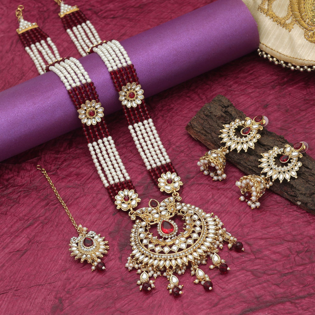 Maroon Color Designer Long Kundan Necklace Set