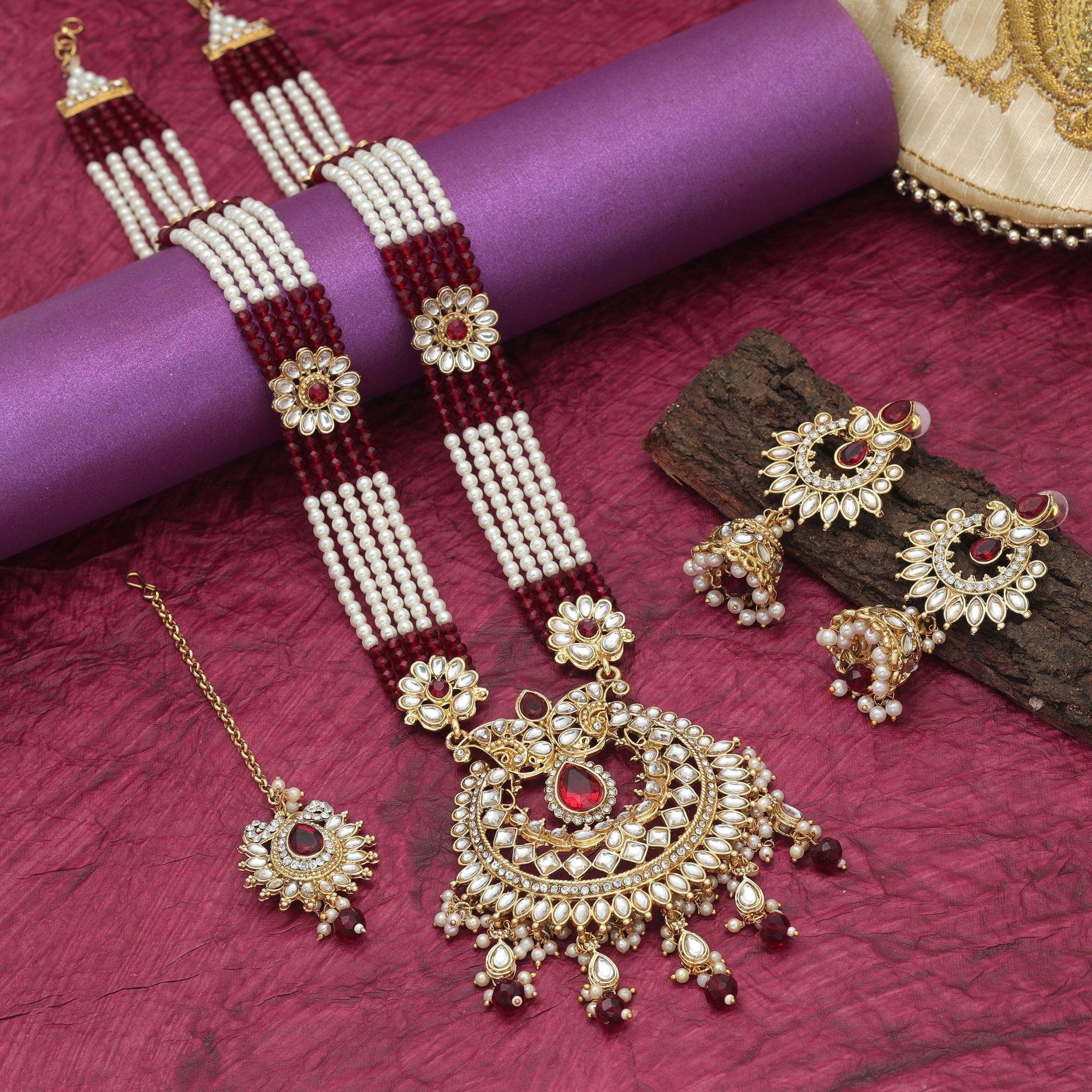 Maroon Color Designer Long Kundan Necklace Set