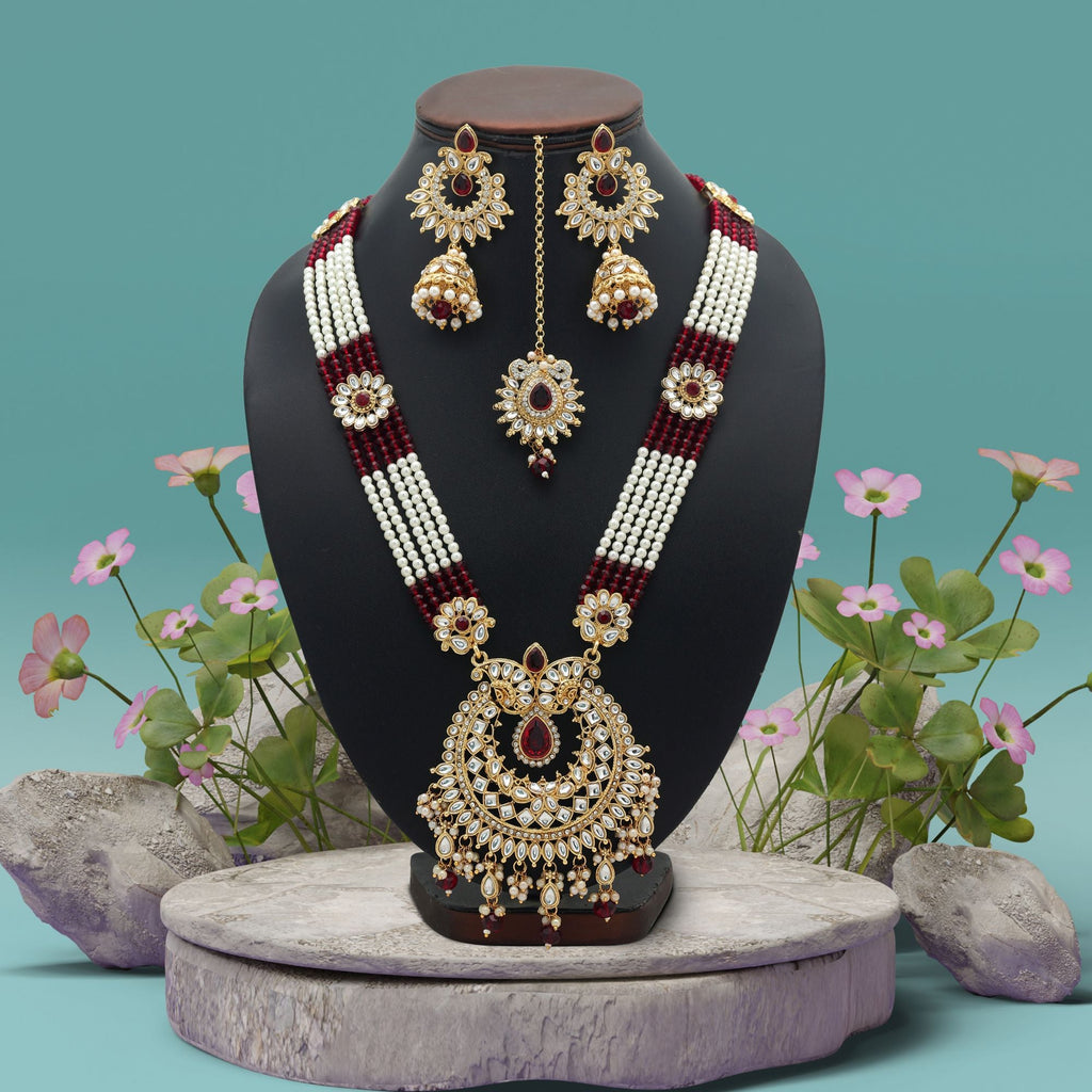 Maroon Color Designer Long Kundan Necklace Set