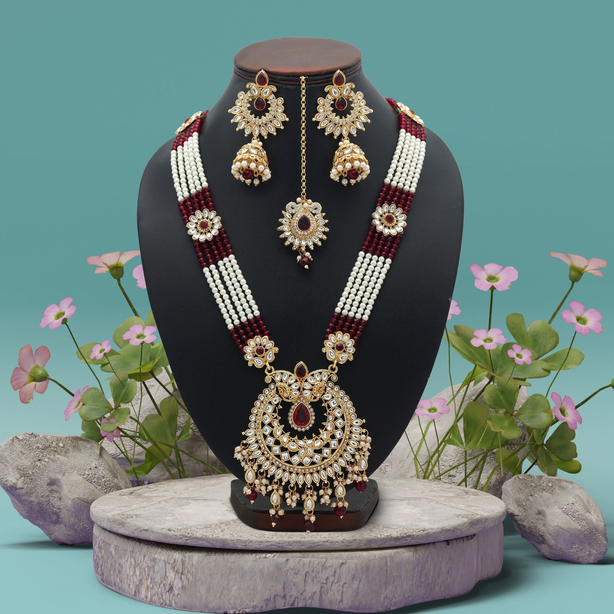Maroon Color Designer Long Kundan Necklace Set