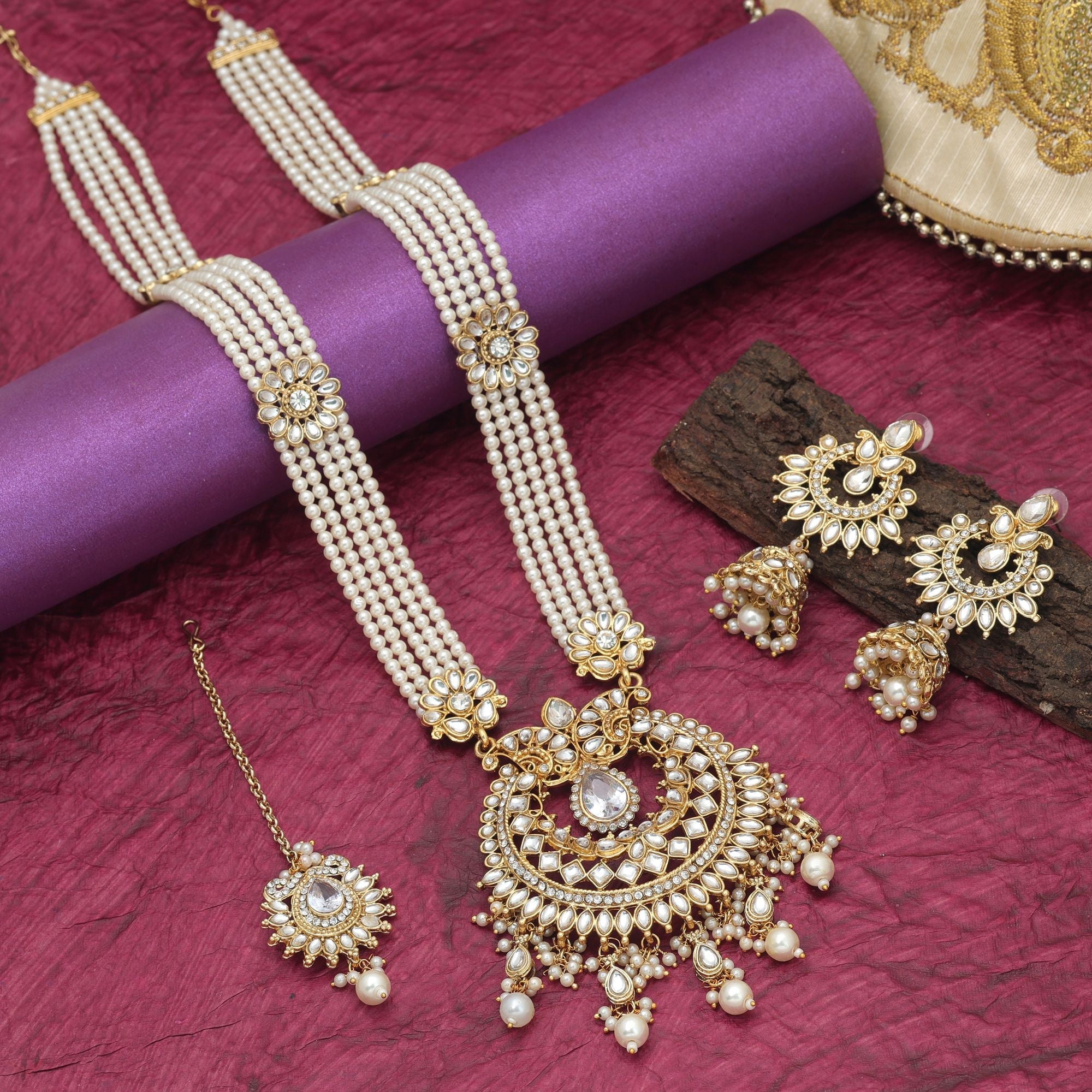 White Color Royal Long Kundan Necklace Set