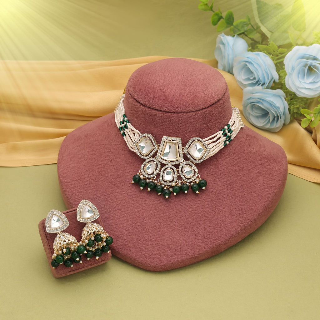 Green Color Choker Kundan Necklace Set