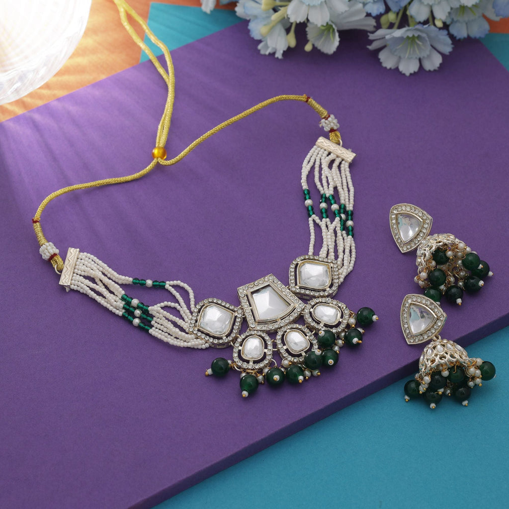 Green Color Choker Kundan Necklace Set