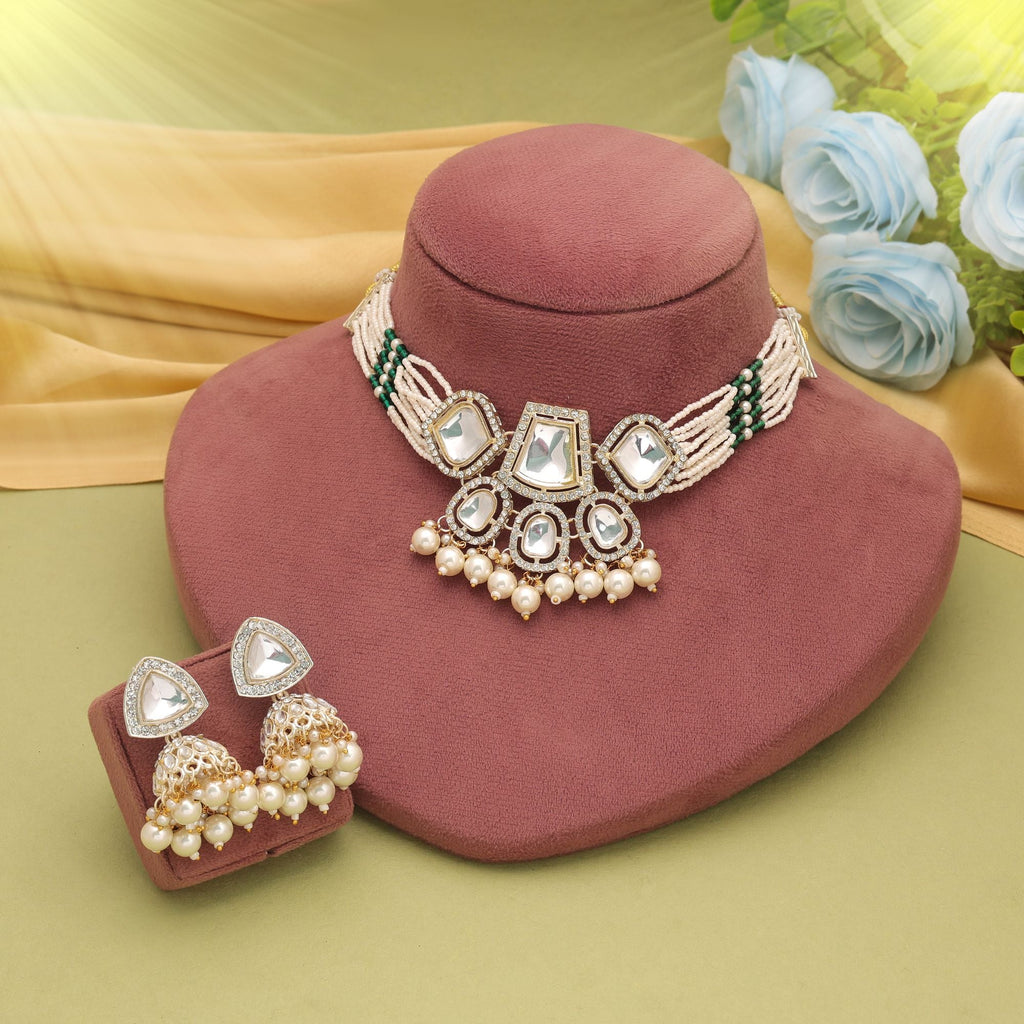 White Color Bridal Choker Kundan Necklace Set