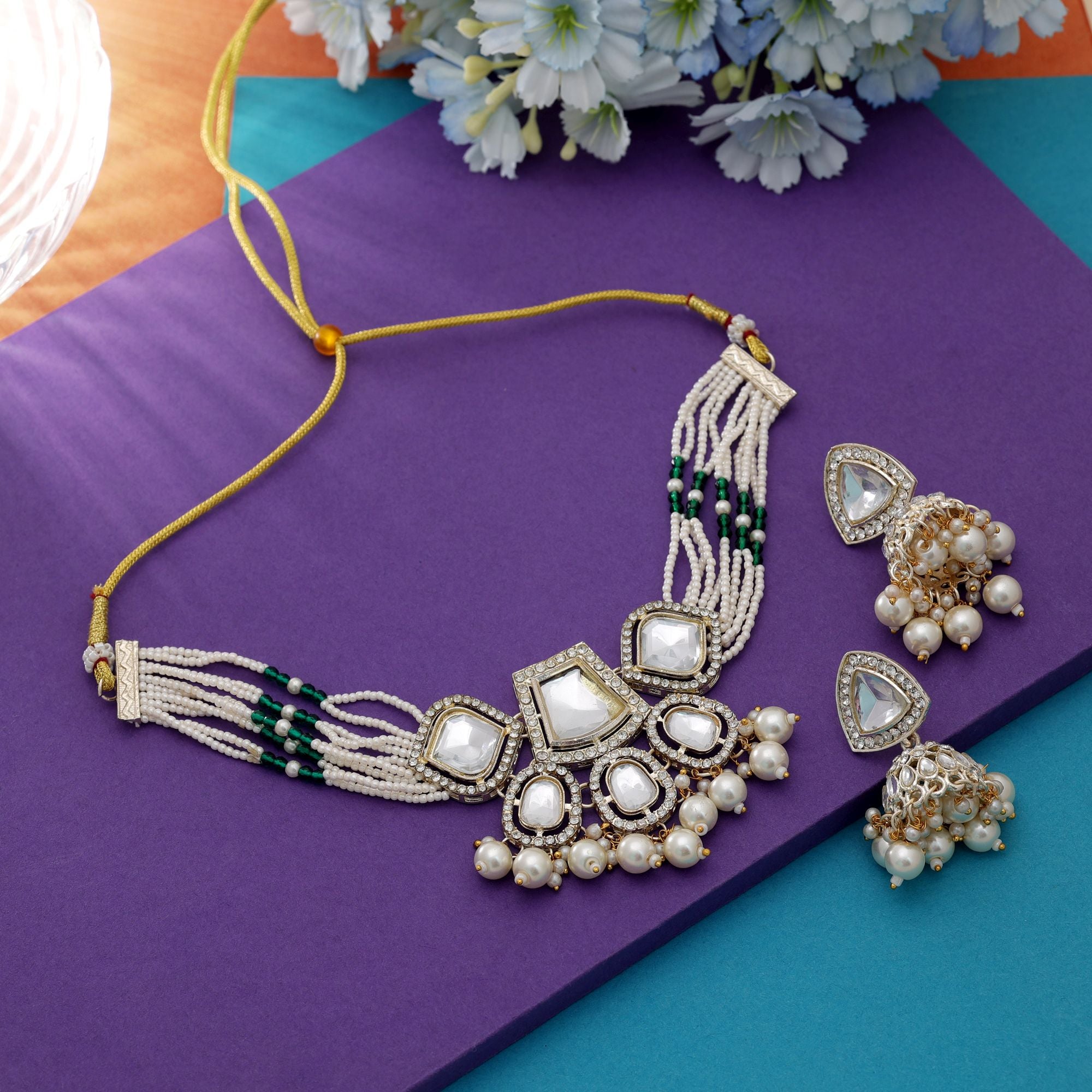 White Color Bridal Choker Kundan Necklace Set