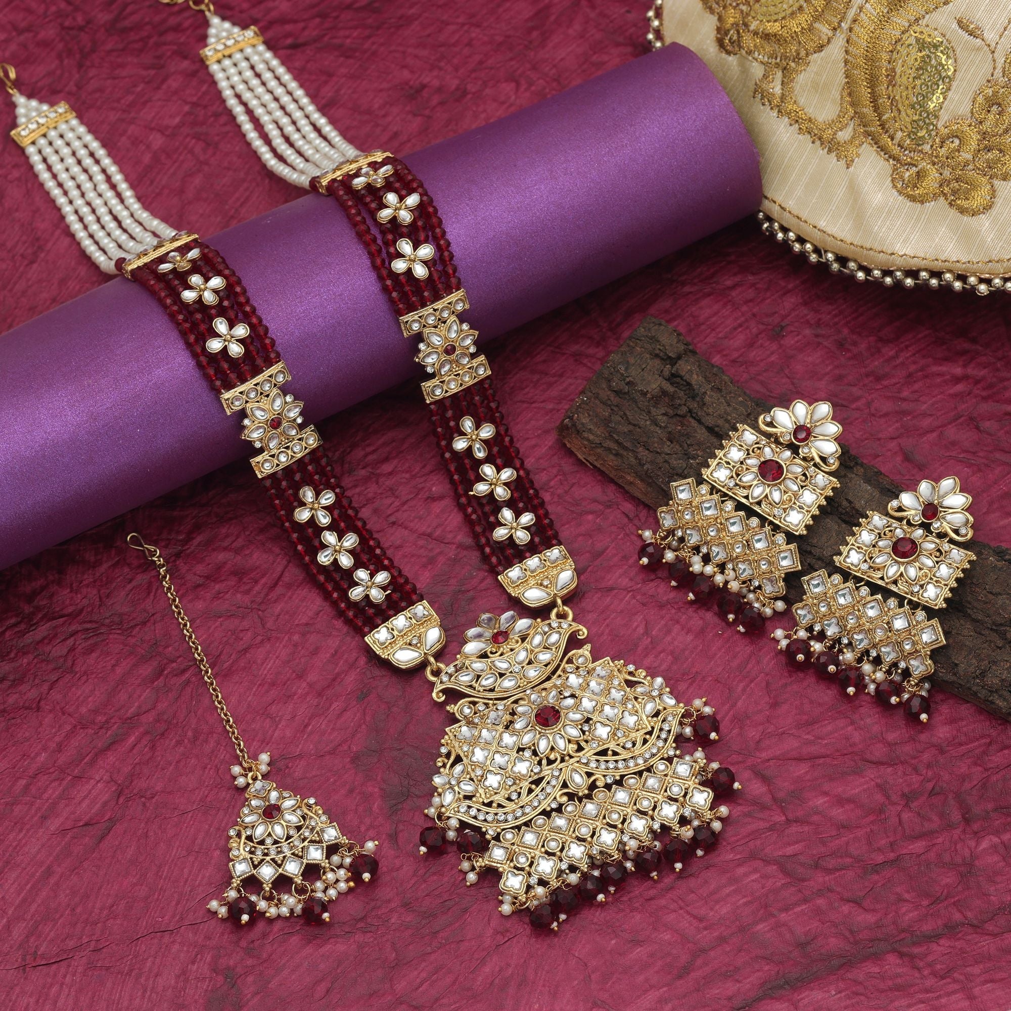 Maroon Color Ethnic Long Kundan Necklace Set