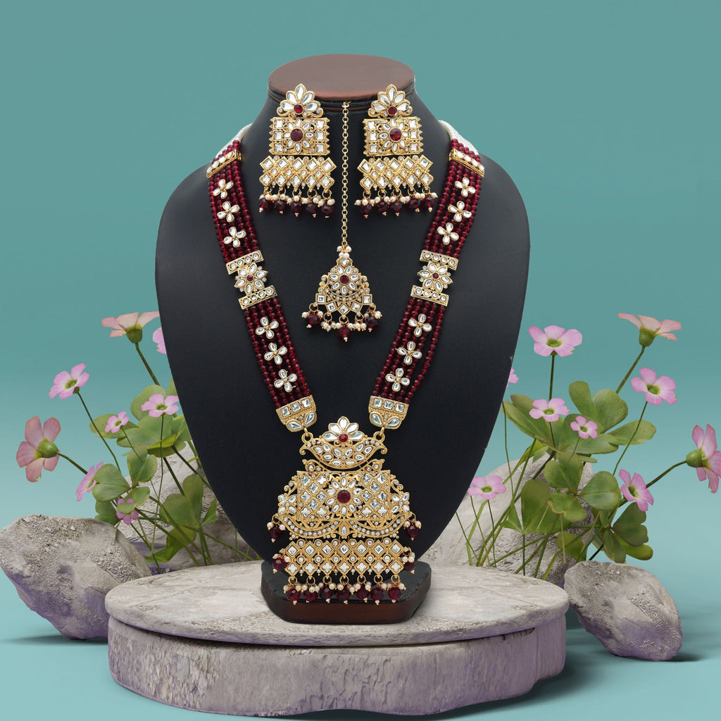 Maroon Color Ethnic Long Kundan Necklace Set
