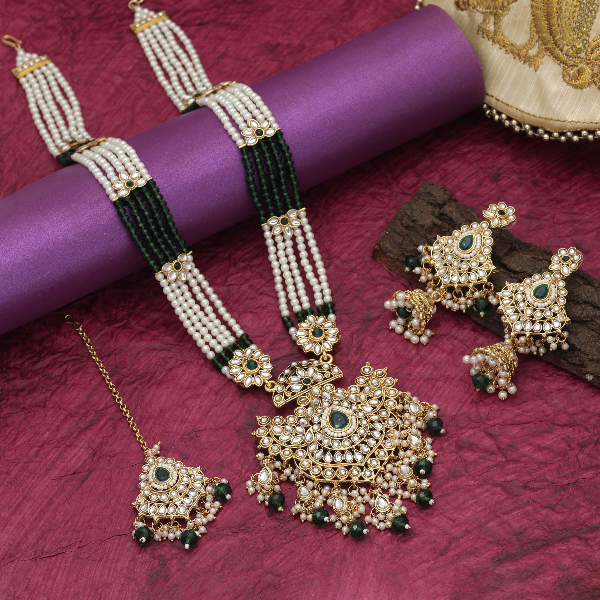 Green Color Wedding Long Kundan Necklace Set