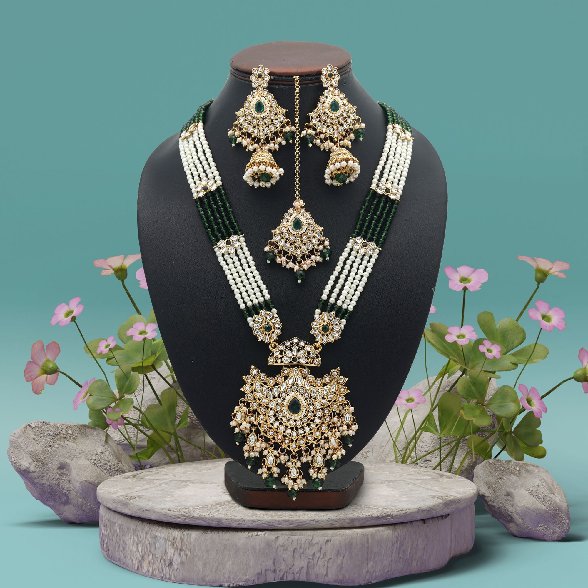 Green Color Wedding Long Kundan Necklace Set