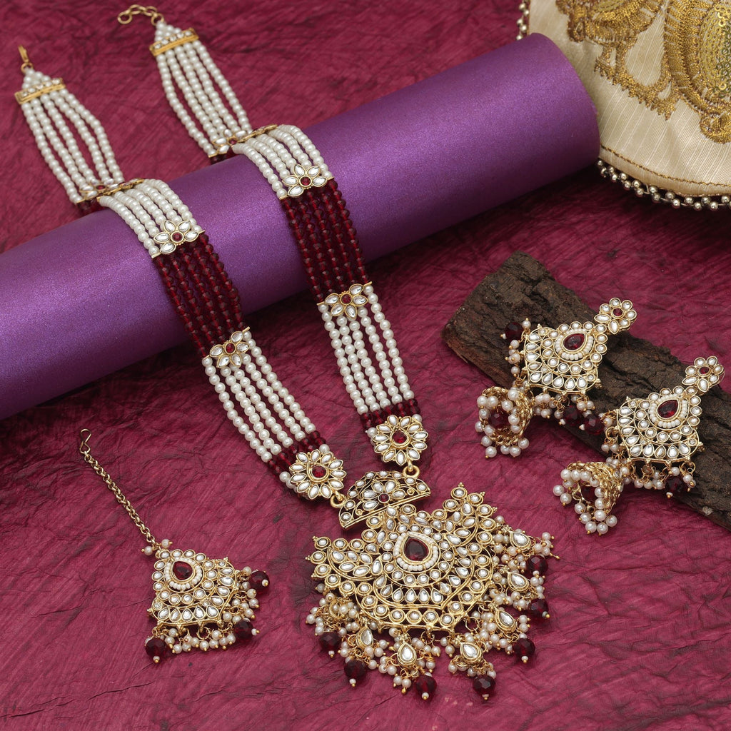Maroon Color Festive Long Kundan Necklace Set