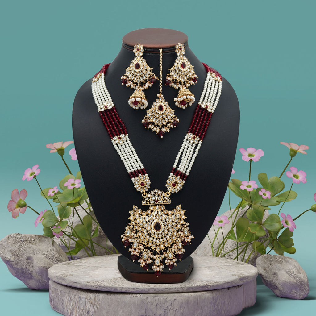 Maroon Color Festive Long Kundan Necklace Set