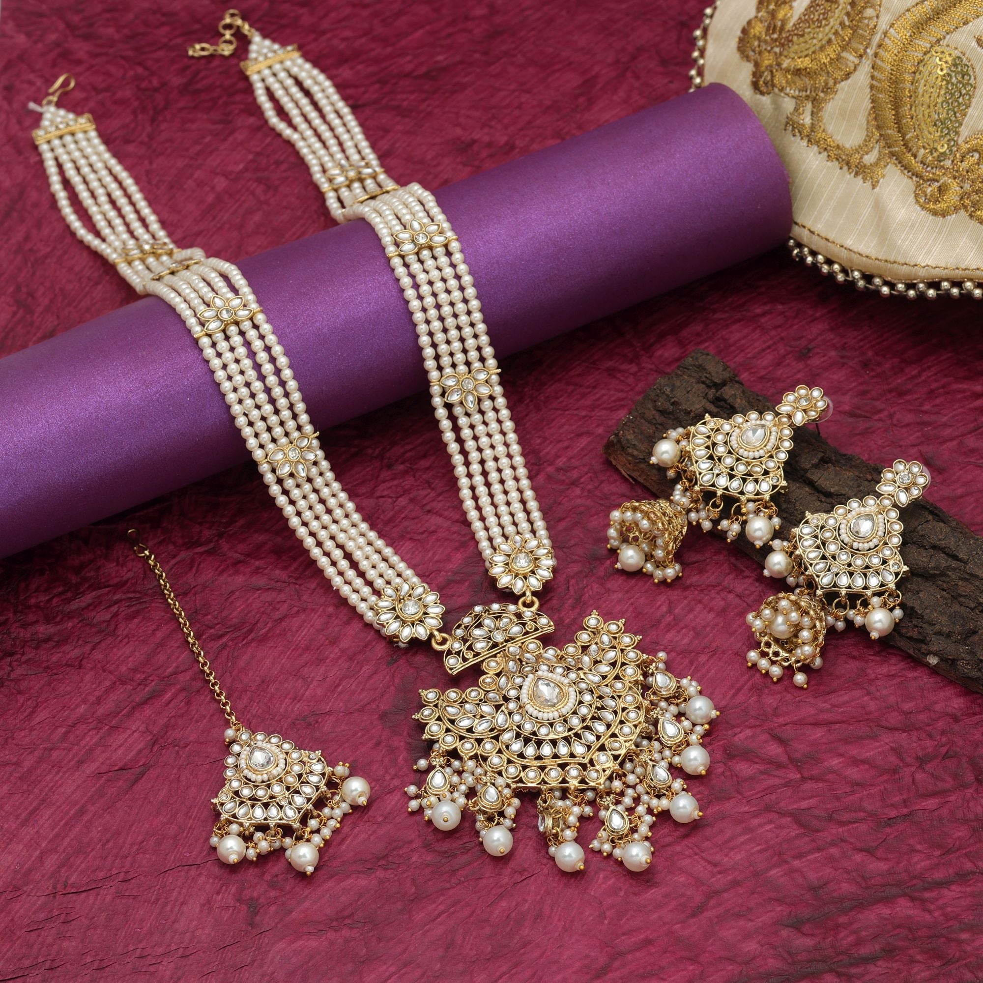 White Color Traditional Long Kundan Necklace Set