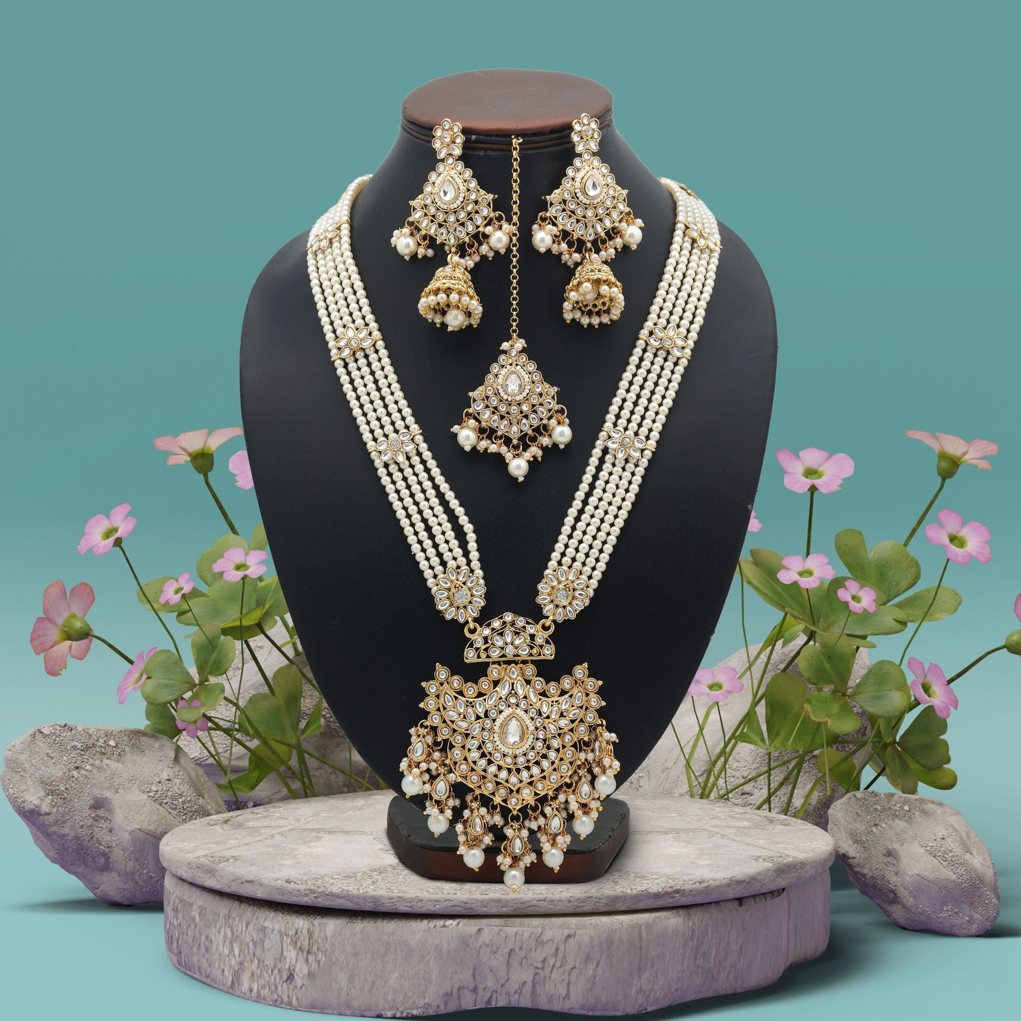 White Color Traditional Long Kundan Necklace Set