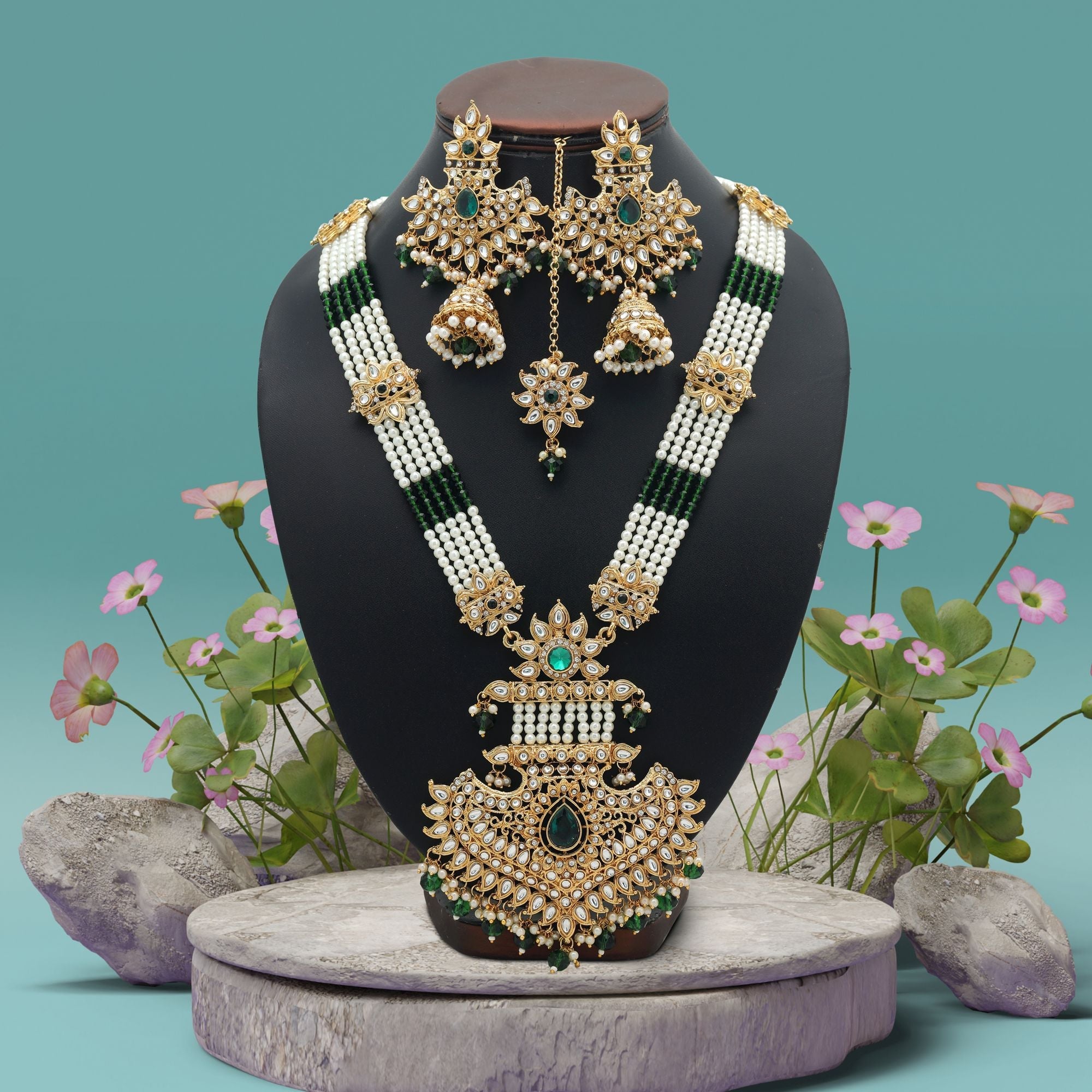 Green Color Ethnic Long Kundan Necklace Set
