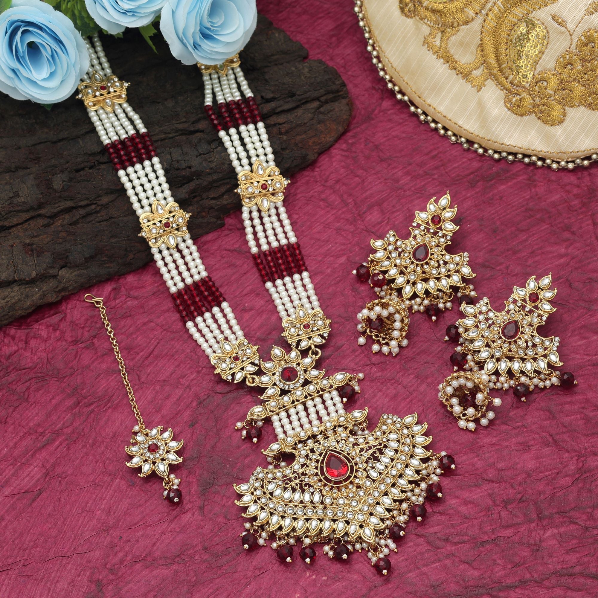 Maroon Color Traditional Long Kundan Necklace Set