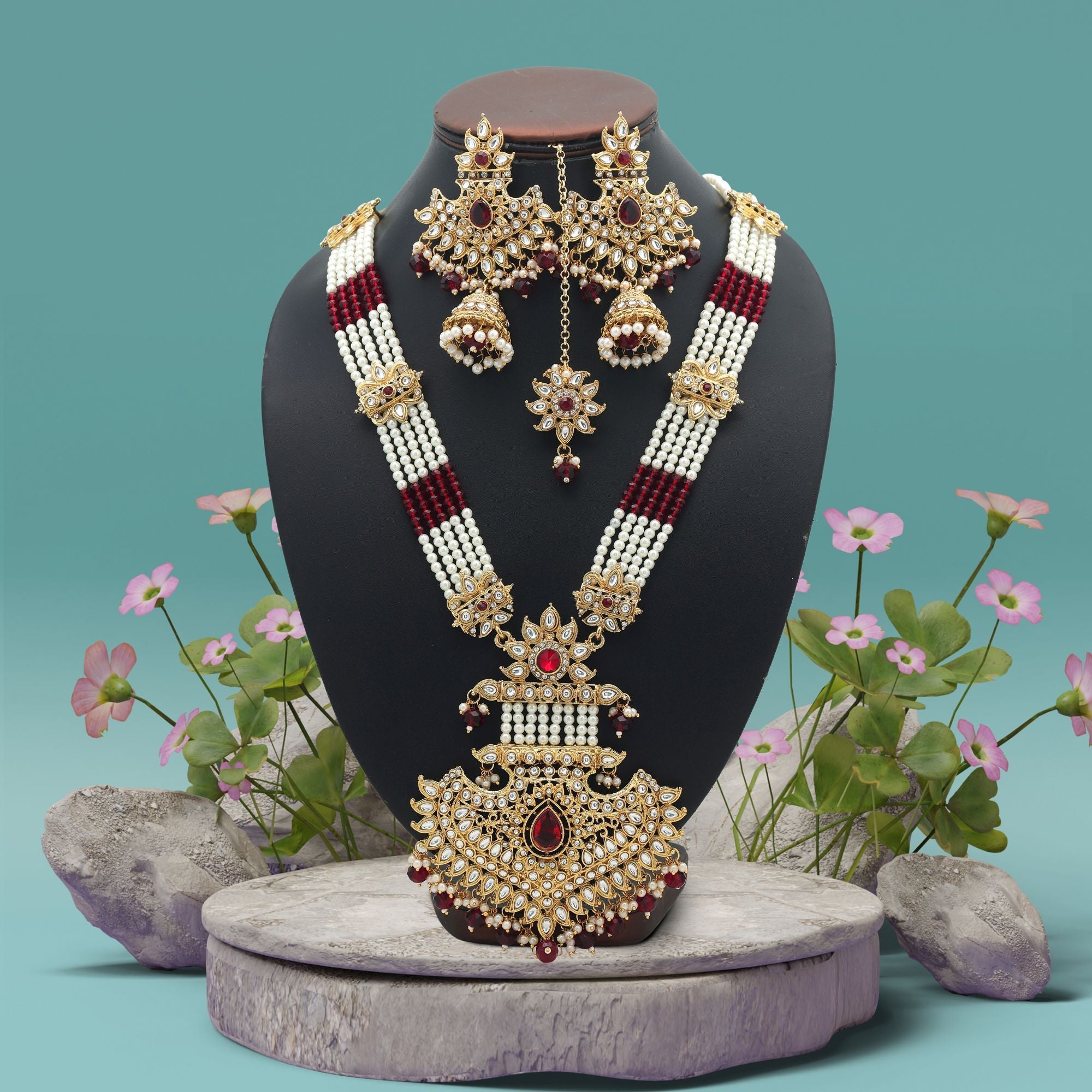 Maroon Color Traditional Long Kundan Necklace Set