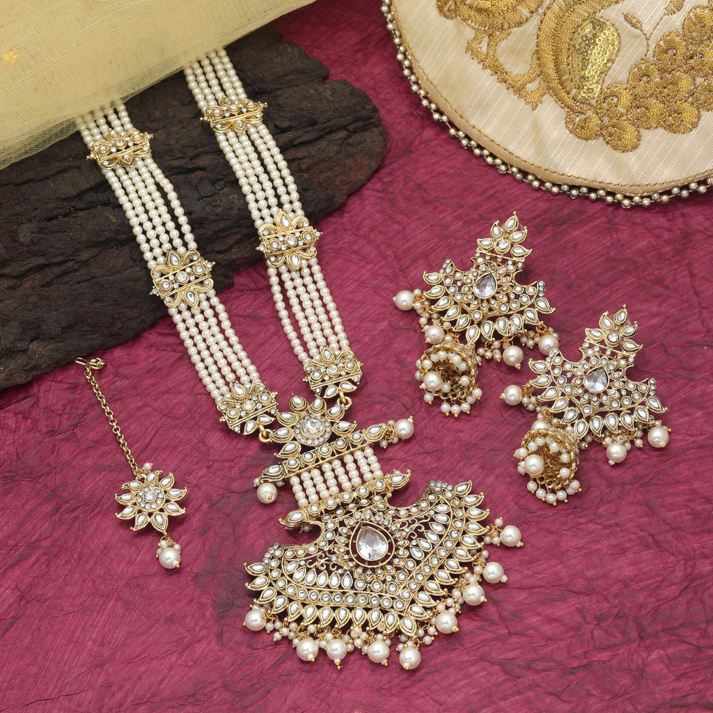 White Color Bridal Long Kundan Necklace Set