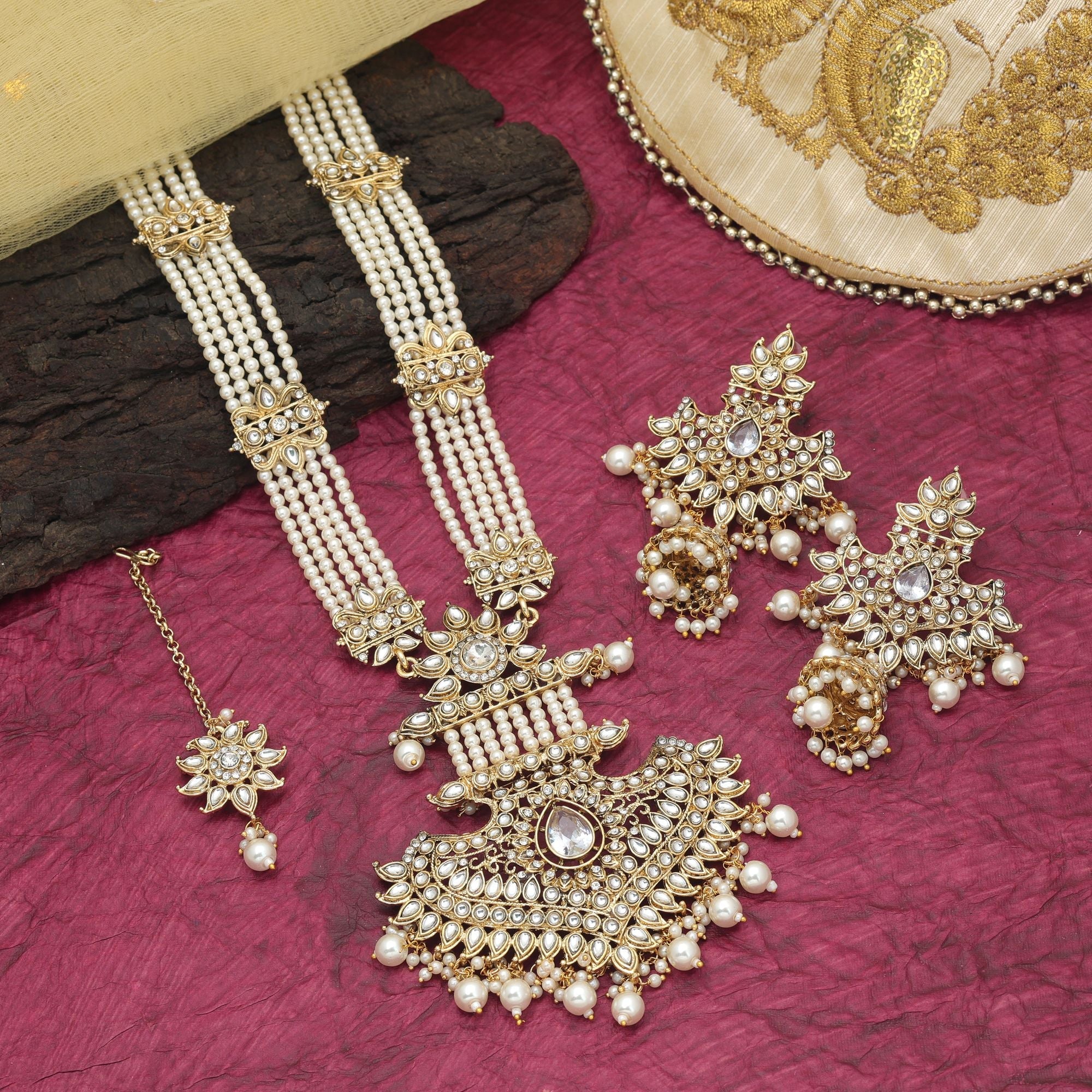 White Color Bridal Long Kundan Necklace Set
