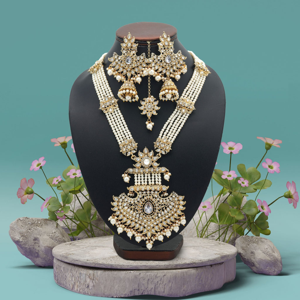 White Color Bridal Long Kundan Necklace Set