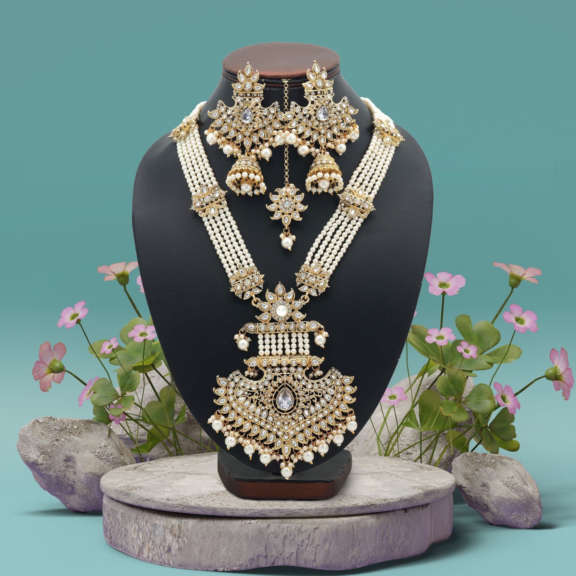 White Color Bridal Long Kundan Necklace Set