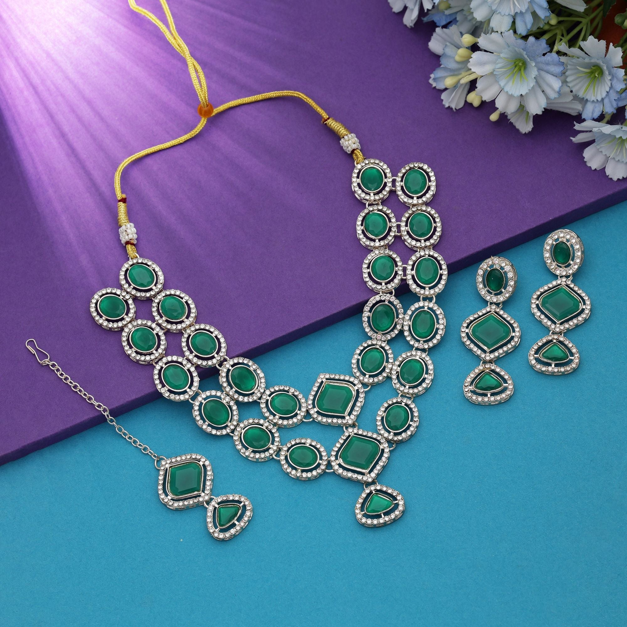 Green Color Party Kundan Necklace Set