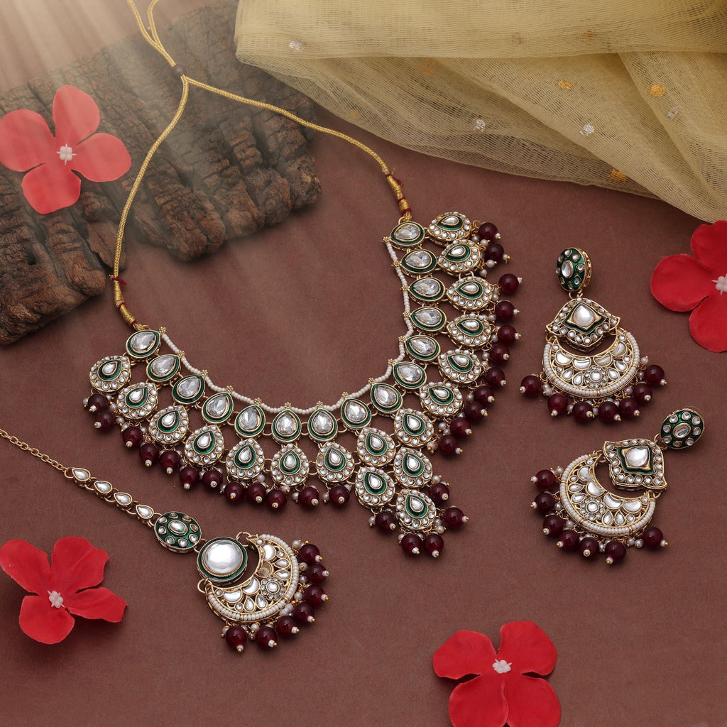 Maroon Color Wedding Kundan Necklace Set