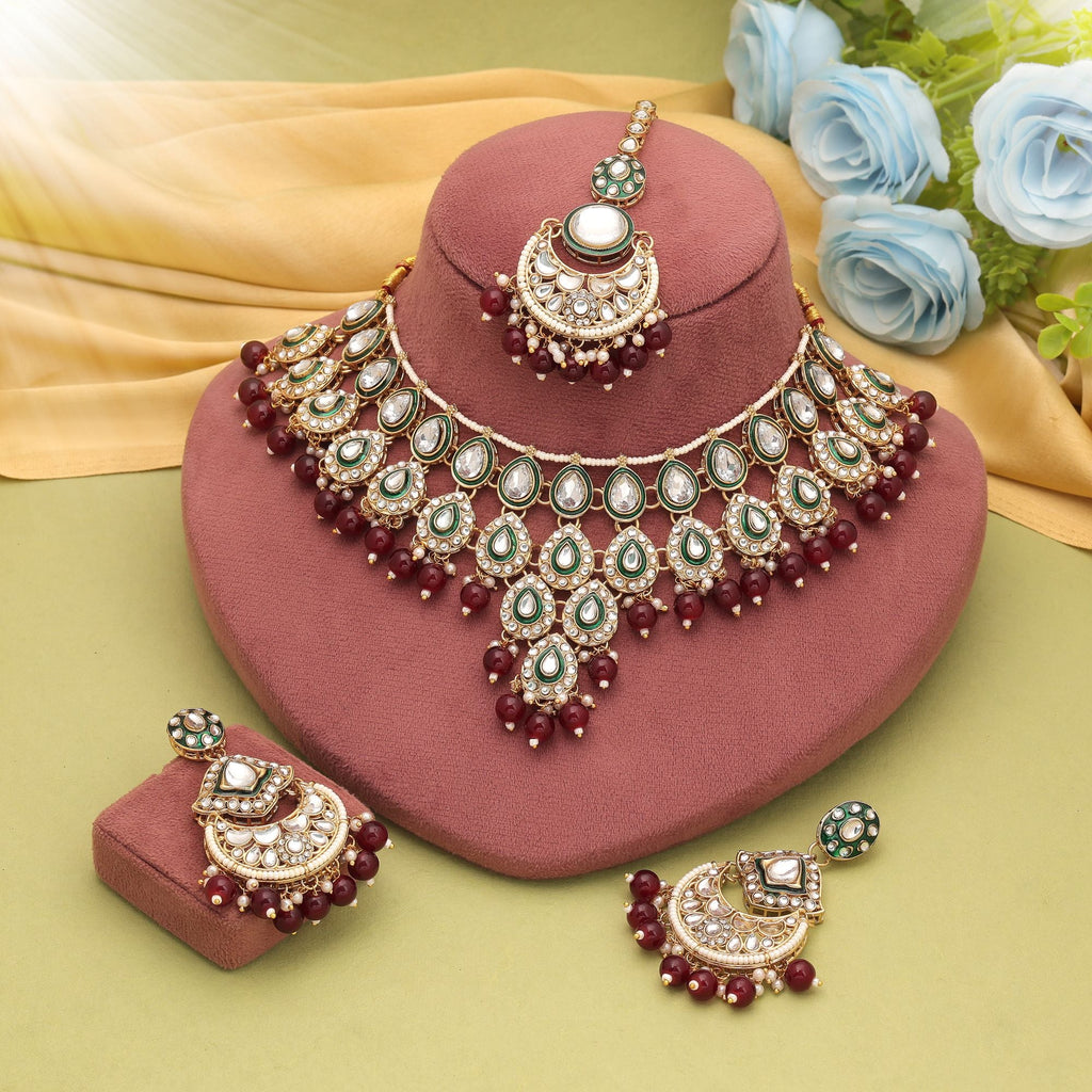 Maroon Color Wedding Kundan Necklace Set