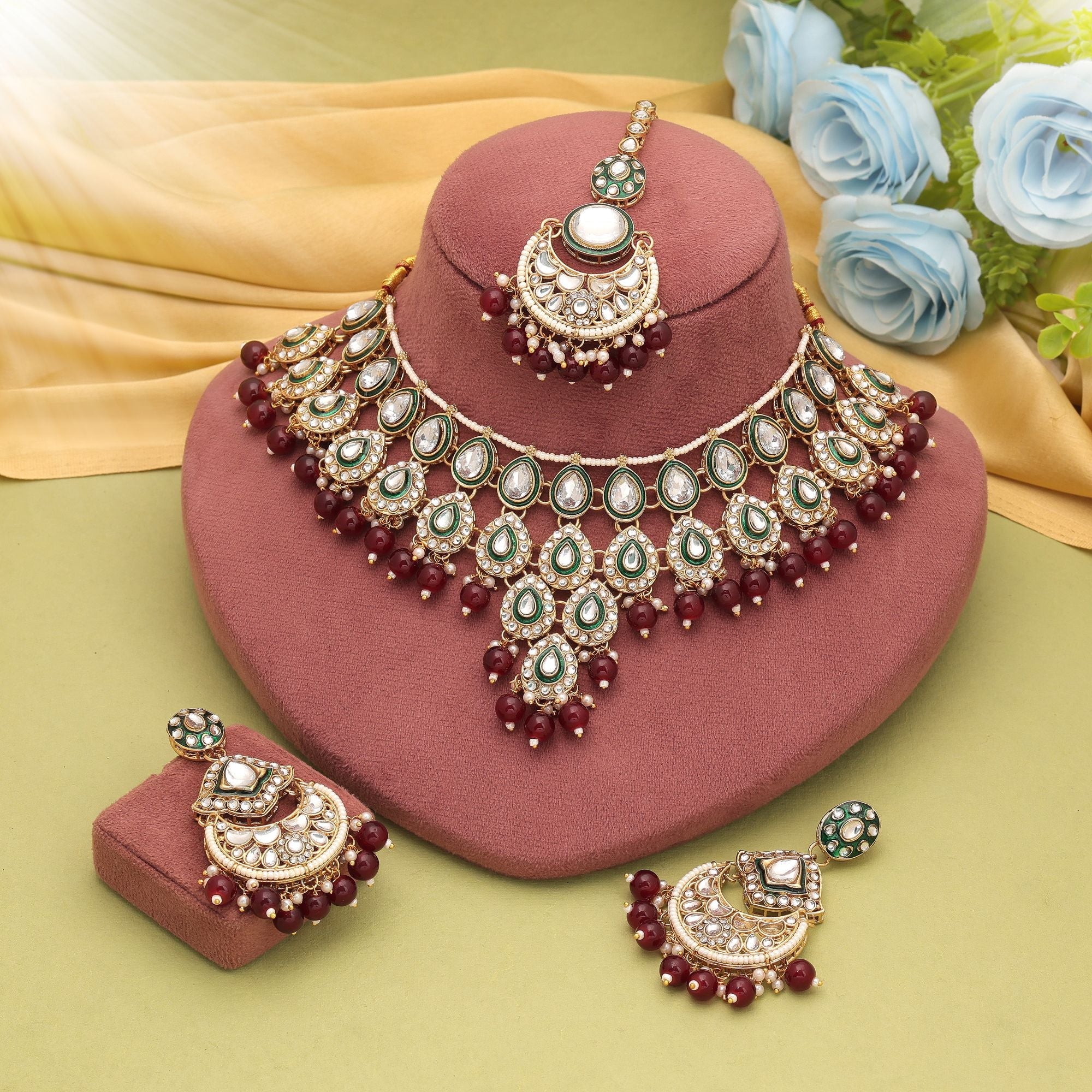 Maroon Color Wedding Kundan Necklace Set