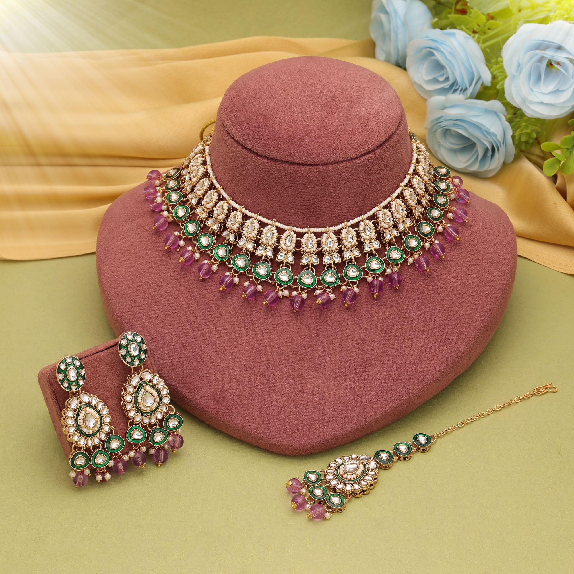 Light Purple Color Bridal Kundan Necklace Set