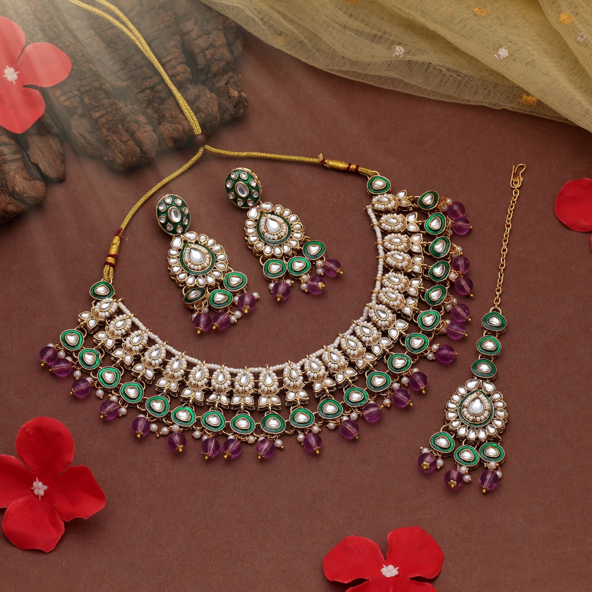 Light Purple Color Bridal Kundan Necklace Set