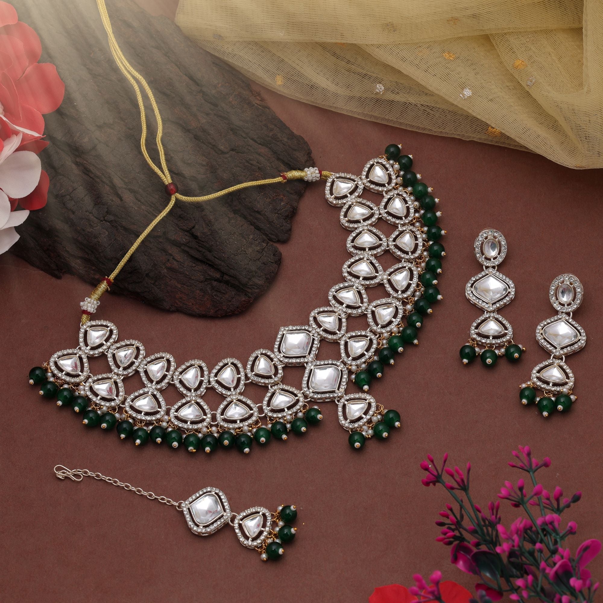 Green Color Bridal Kundan Necklace Set