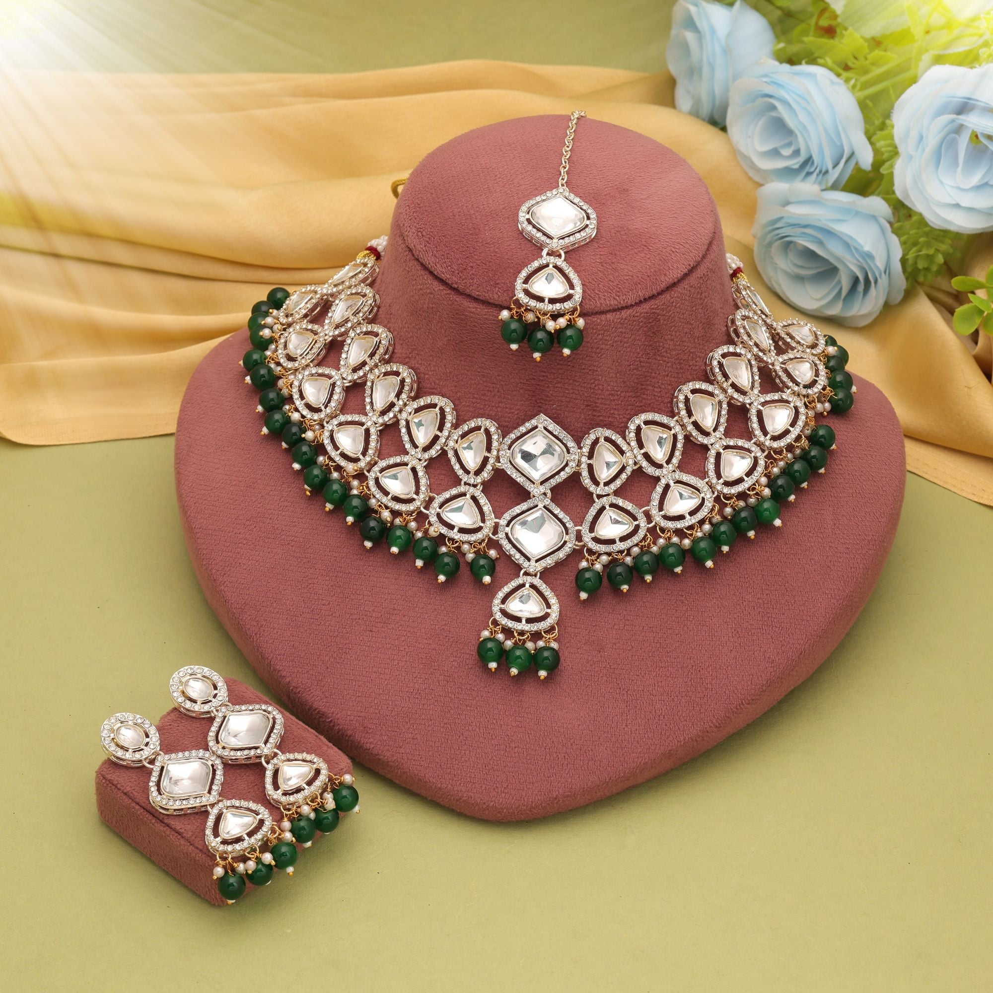 Green Color Bridal Kundan Necklace Set