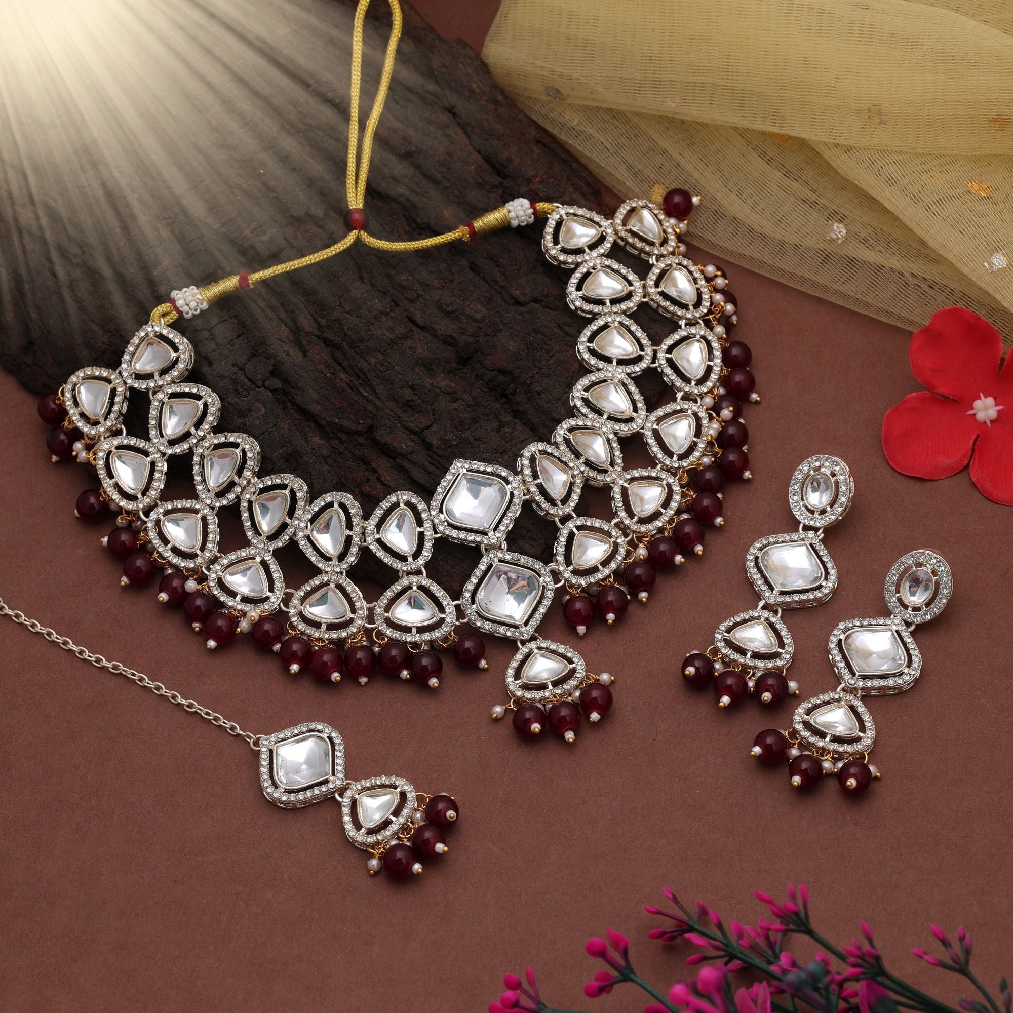 Maroon Color Festive Kundan Necklace Set