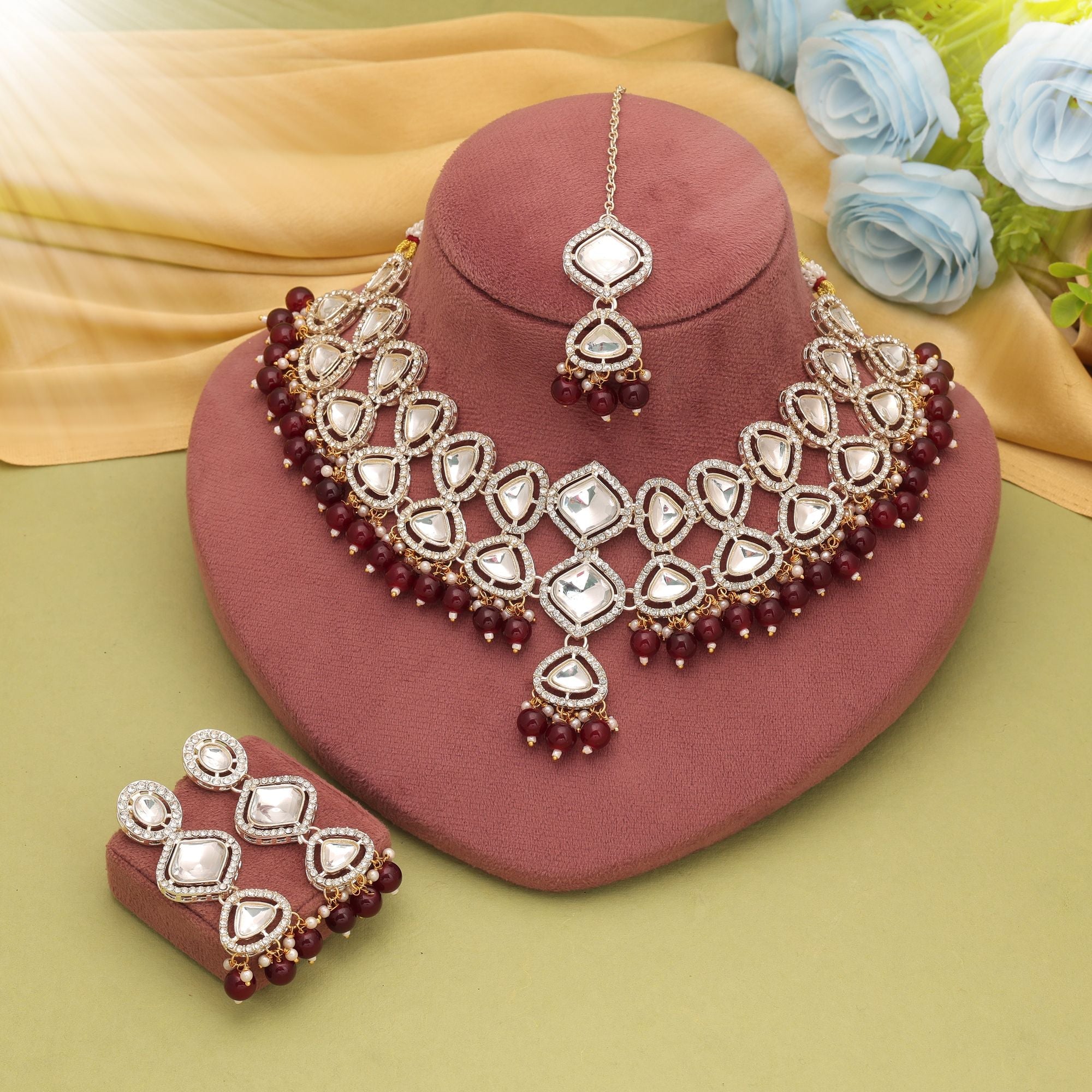 Maroon Color Festive Kundan Necklace Set