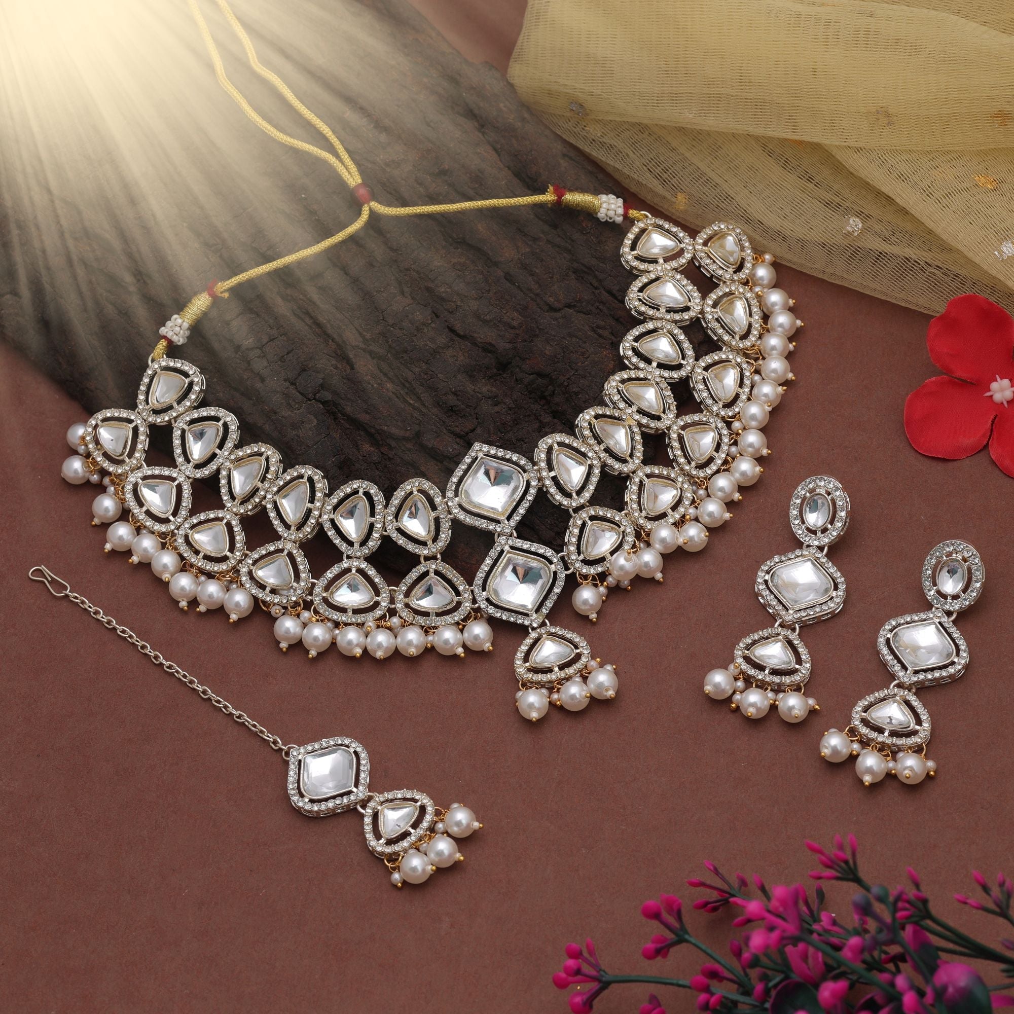 White Color Designer Kundan Necklace Set