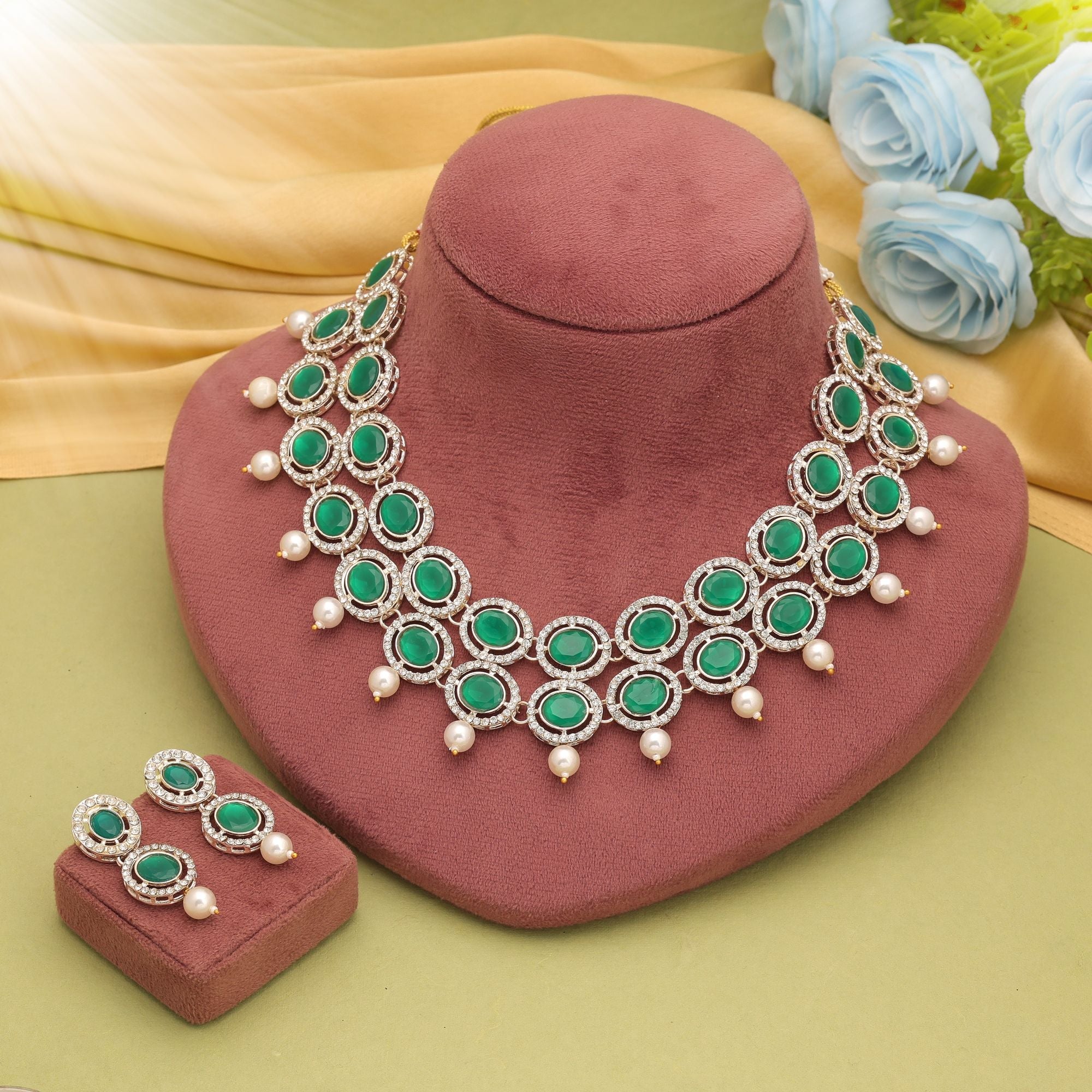 Green Color Wedding Kundan Necklace Set