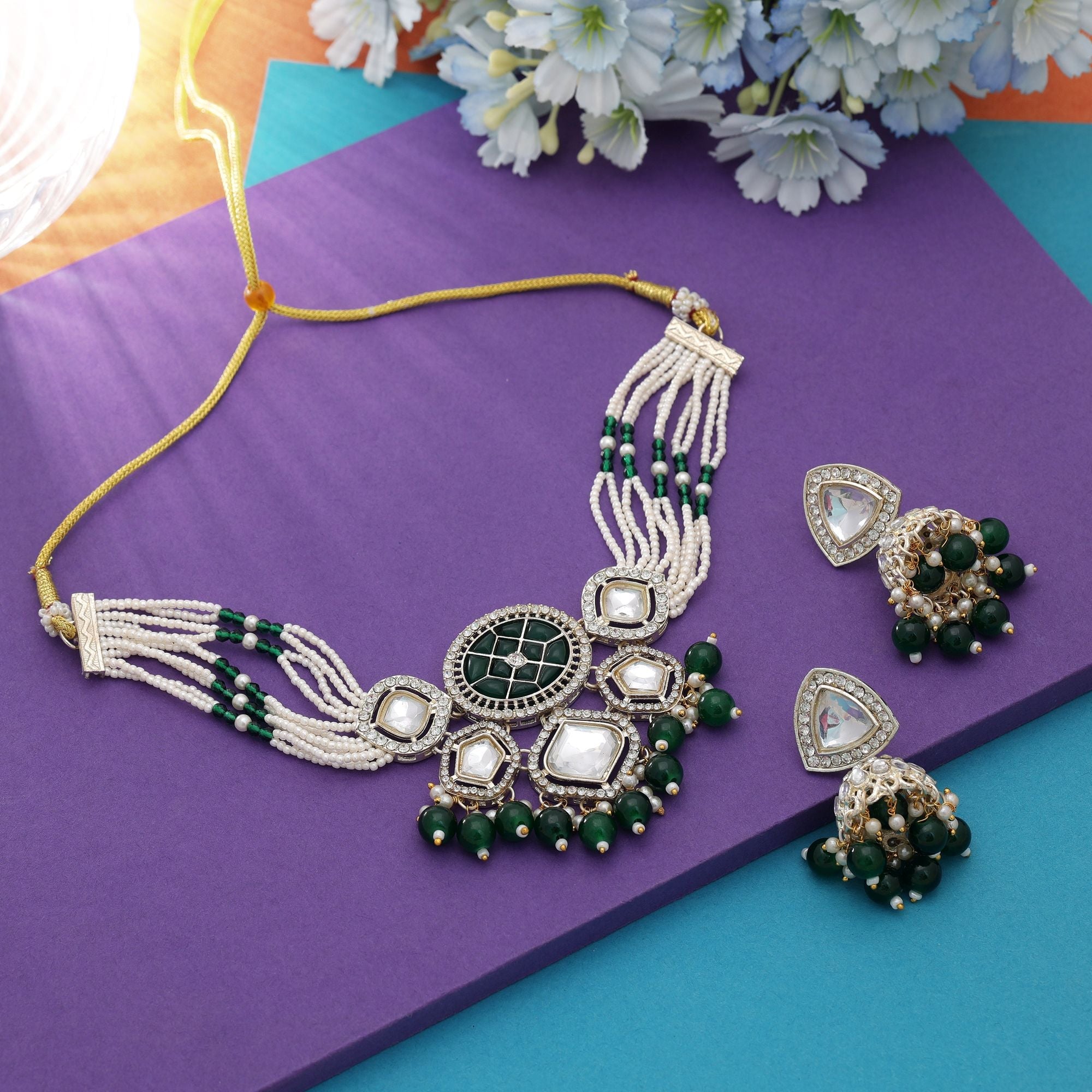 Green Color Bridal Choker Kundan Necklace Set