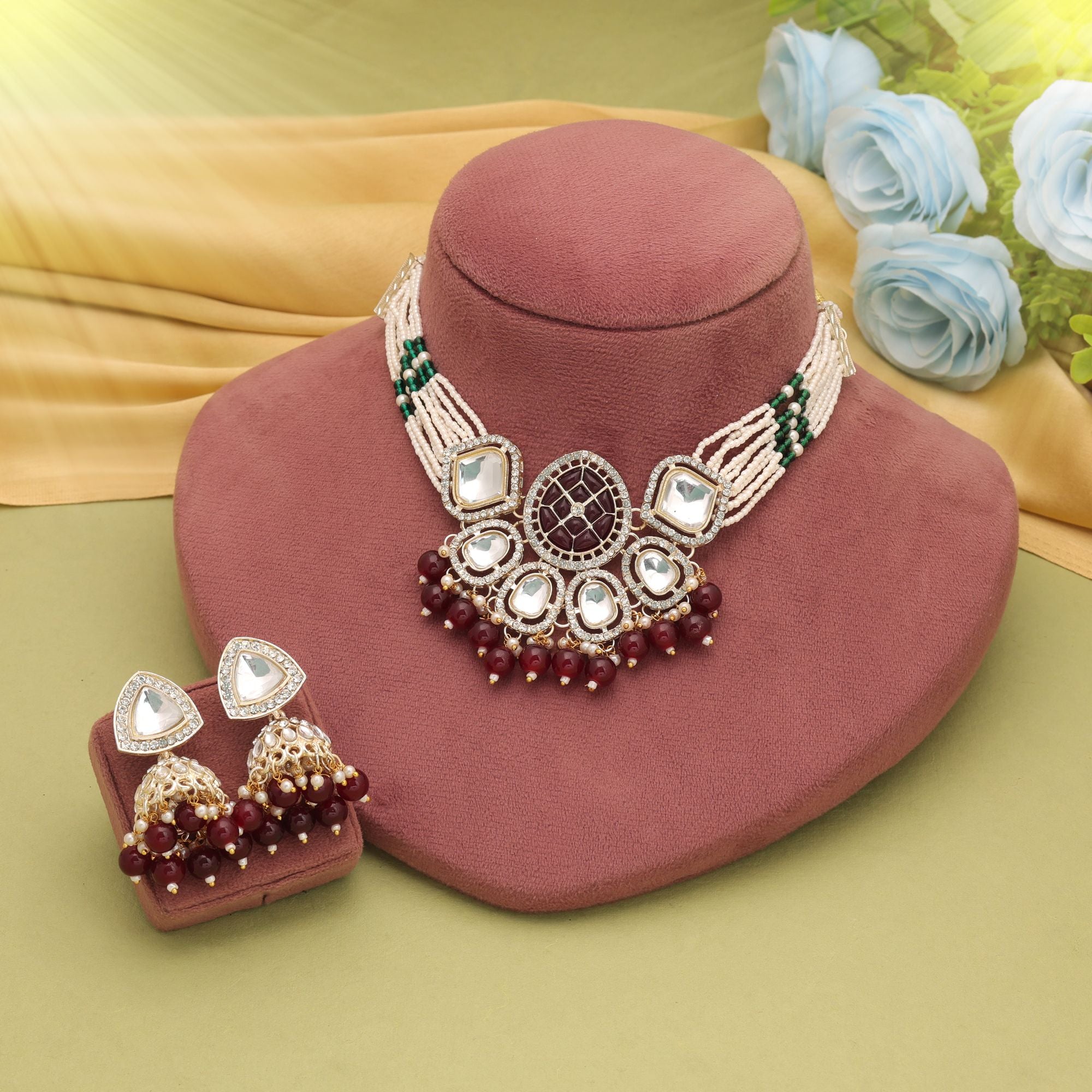 Maroon Color Choker Kundan Necklace Set