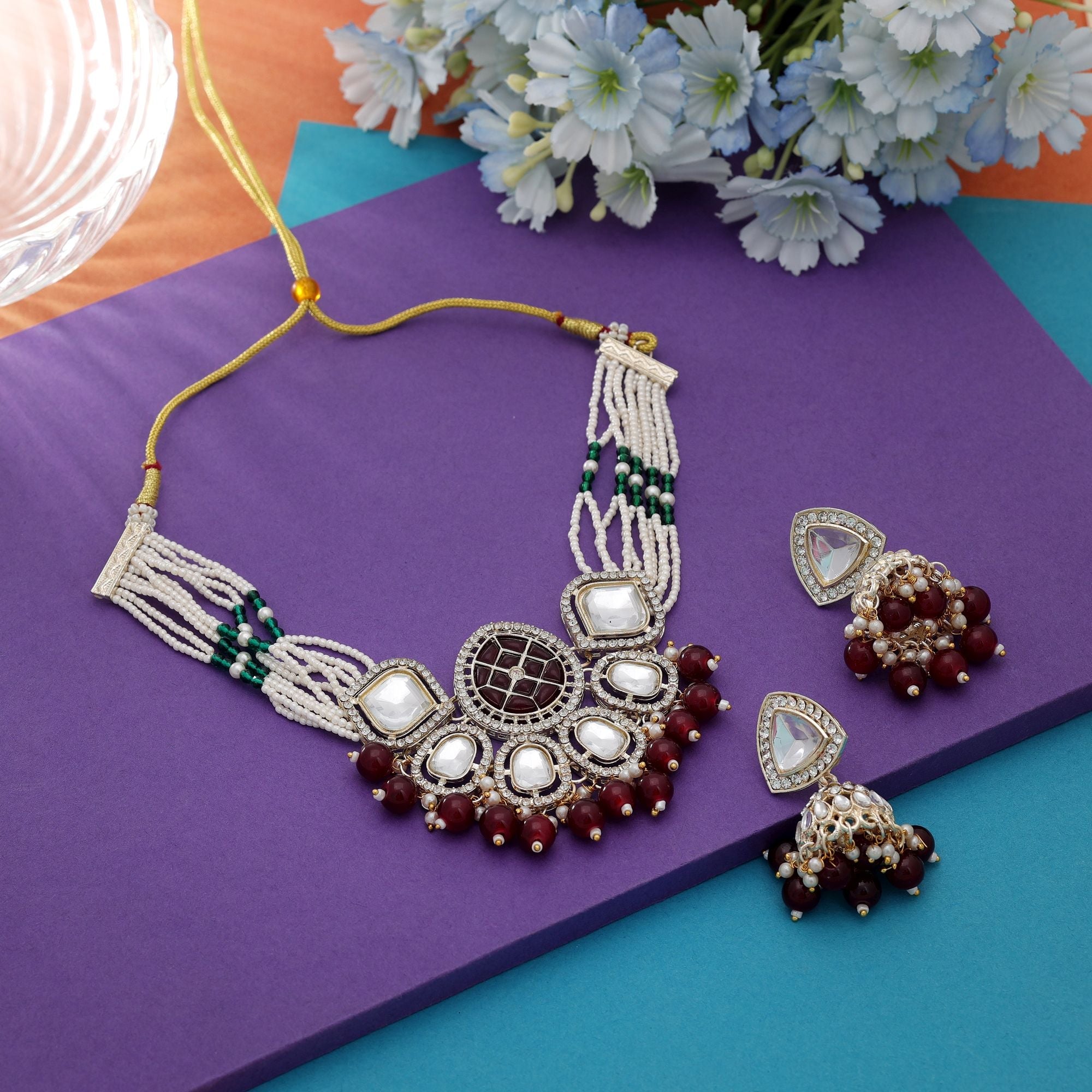 Maroon Color Choker Kundan Necklace Set