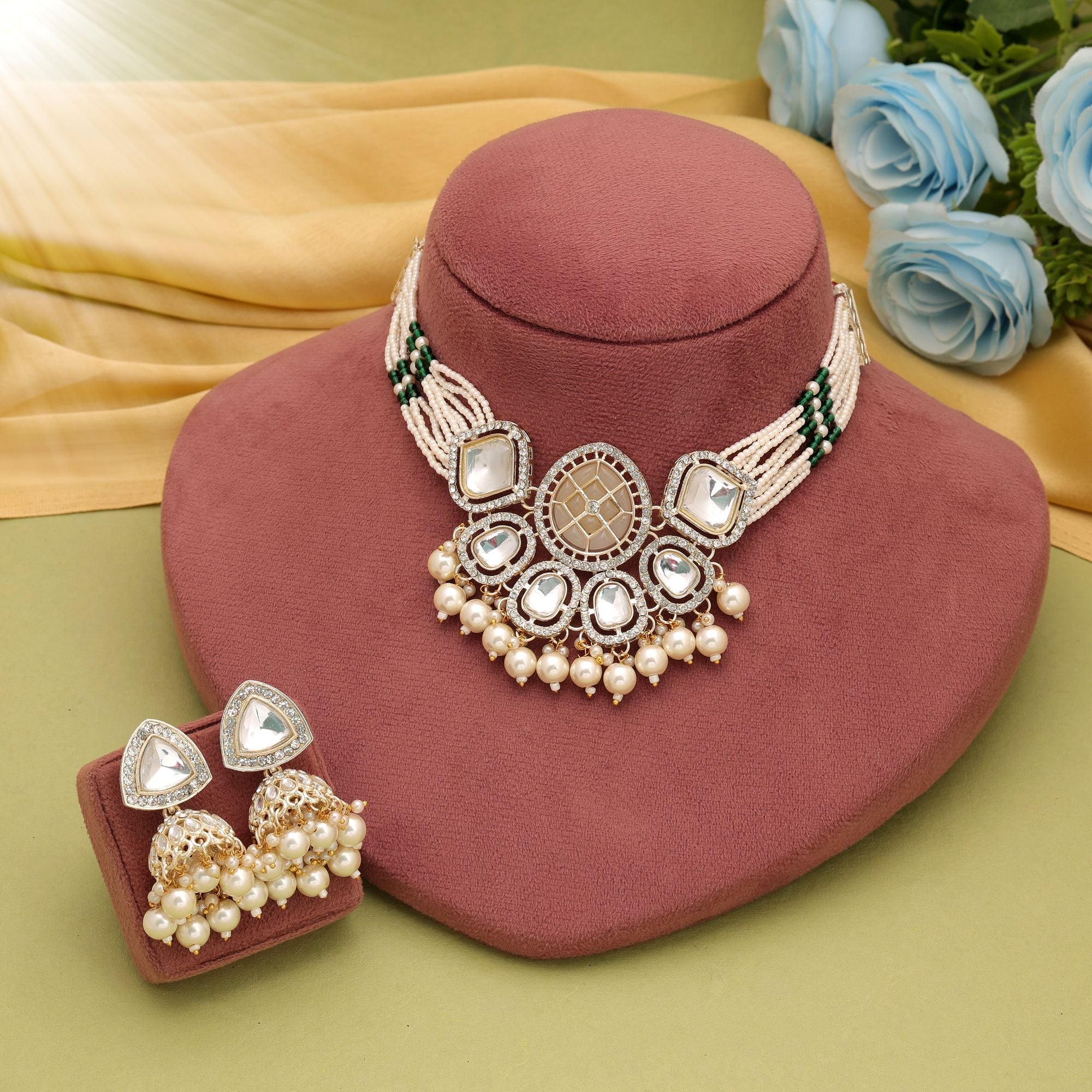 White Color Traditional Choker Kundan Necklace Set